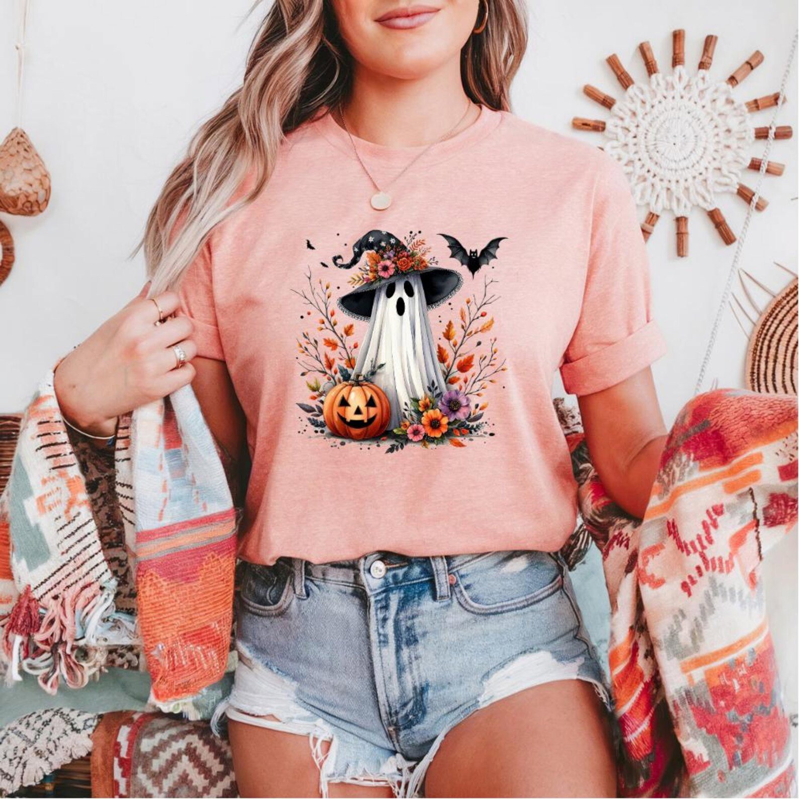 Floral Ghost Witch Hat Shirt, Boho Pumpkin Halloween Sweatshirt 5