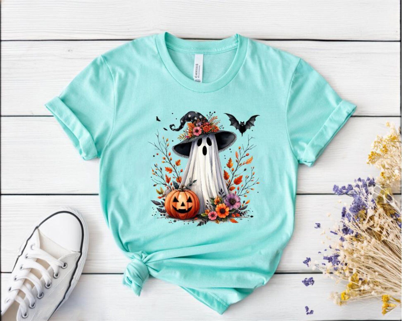 Floral Ghost Witch Hat Shirt, Boho Pumpkin Halloween Sweatshirt 6