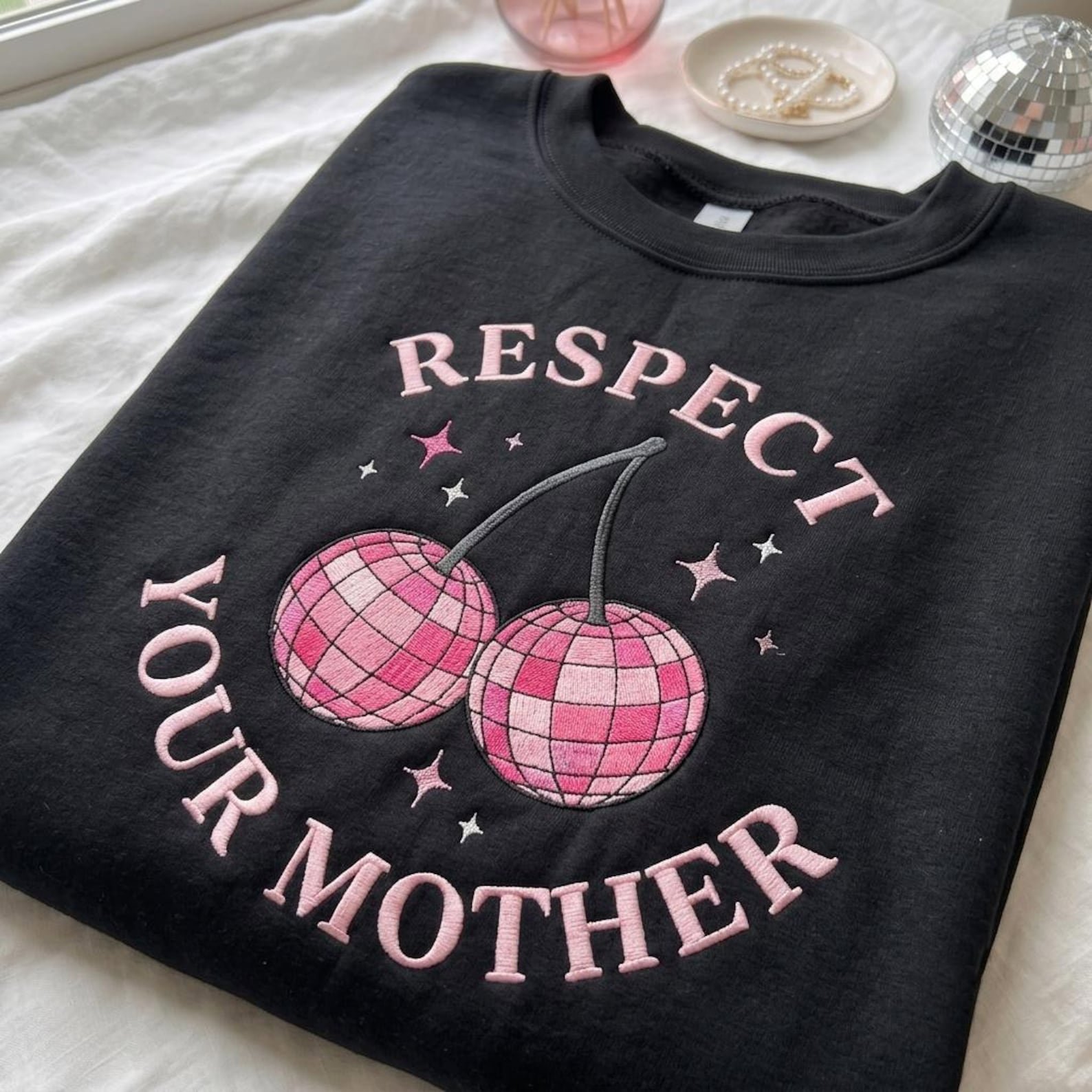 Respect Your Mother Embroidered Sweatshirt, Trendy Pop Concert Shirt, Cute Music Cherry Disco Ball, Pink Disco Ball Shirt 3
