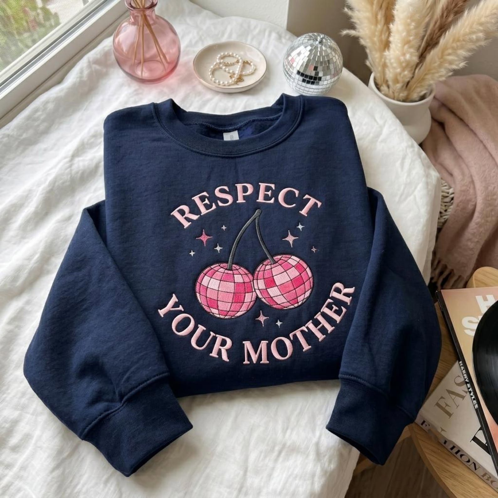 Respect Your Mother Embroidered Sweatshirt, Trendy Pop Concert Shirt, Cute Music Cherry Disco Ball, Pink Disco Ball Shirt 1