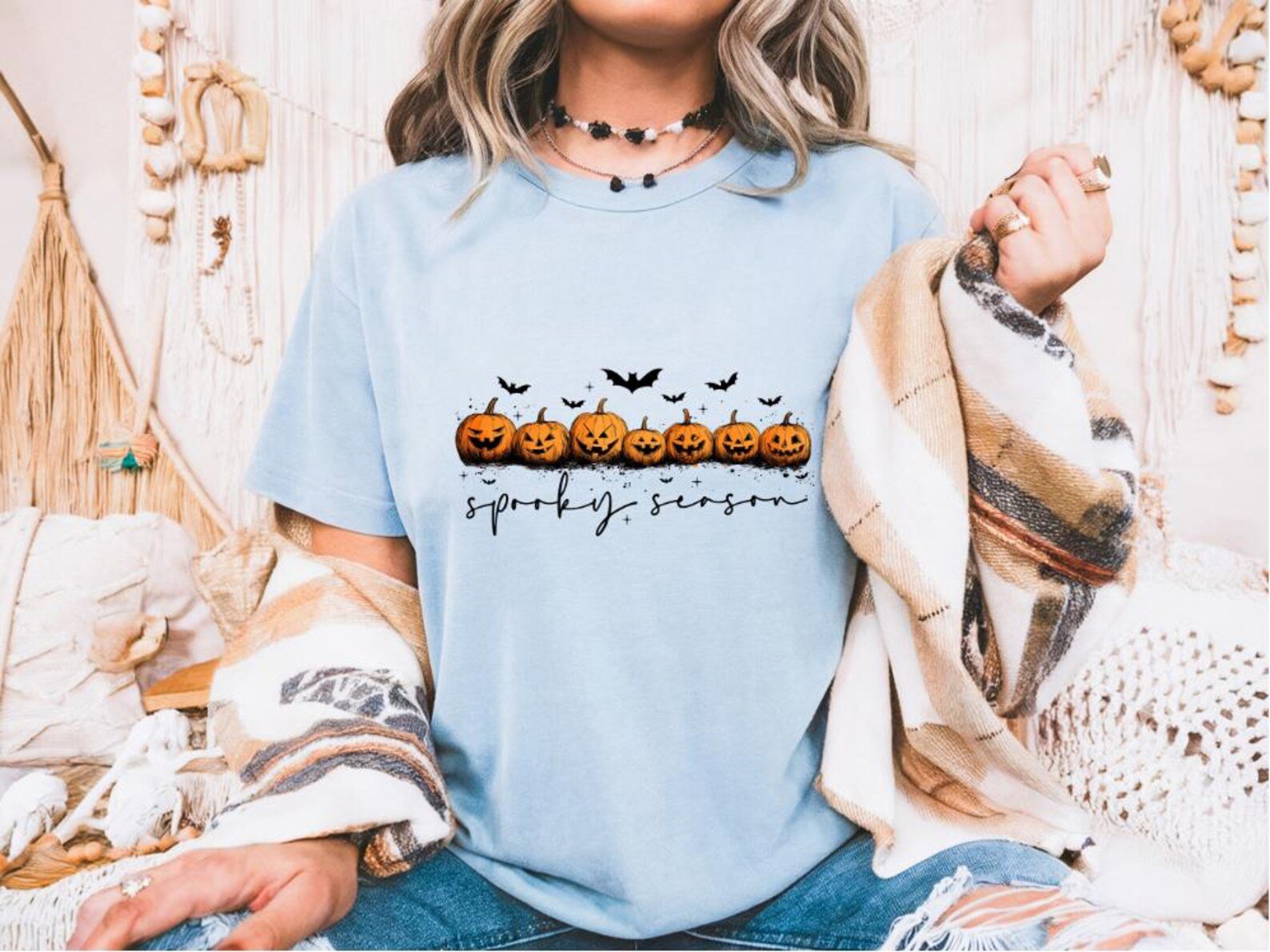 Jack-o'-Lantern Row Halloween Shirt: Hand-Drawn Pumpkin FaceSpooky Season Sweatshirt 3