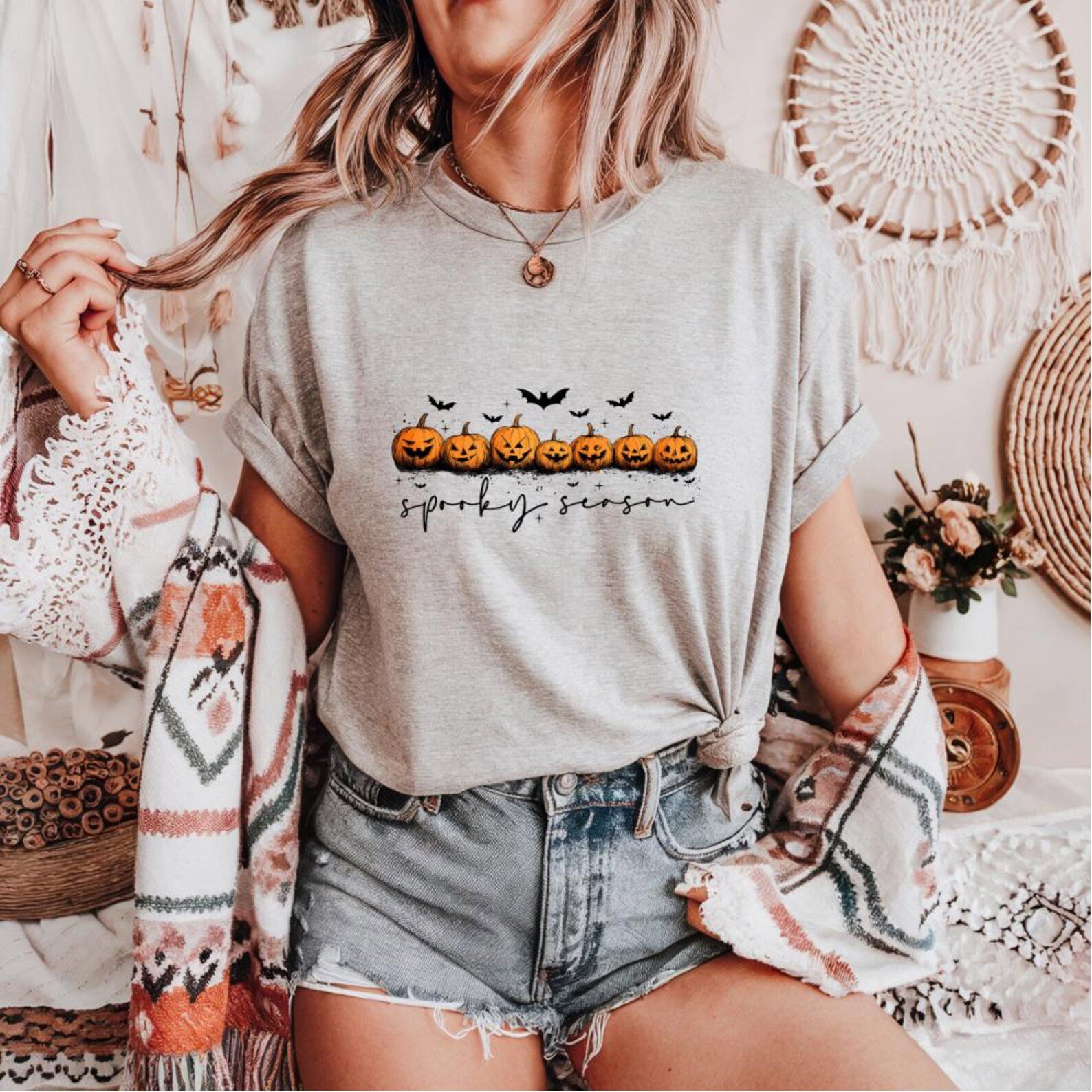 Jack-o'-Lantern Row Halloween Shirt: Hand-Drawn Pumpkin FaceSpooky Season Sweatshirt 2