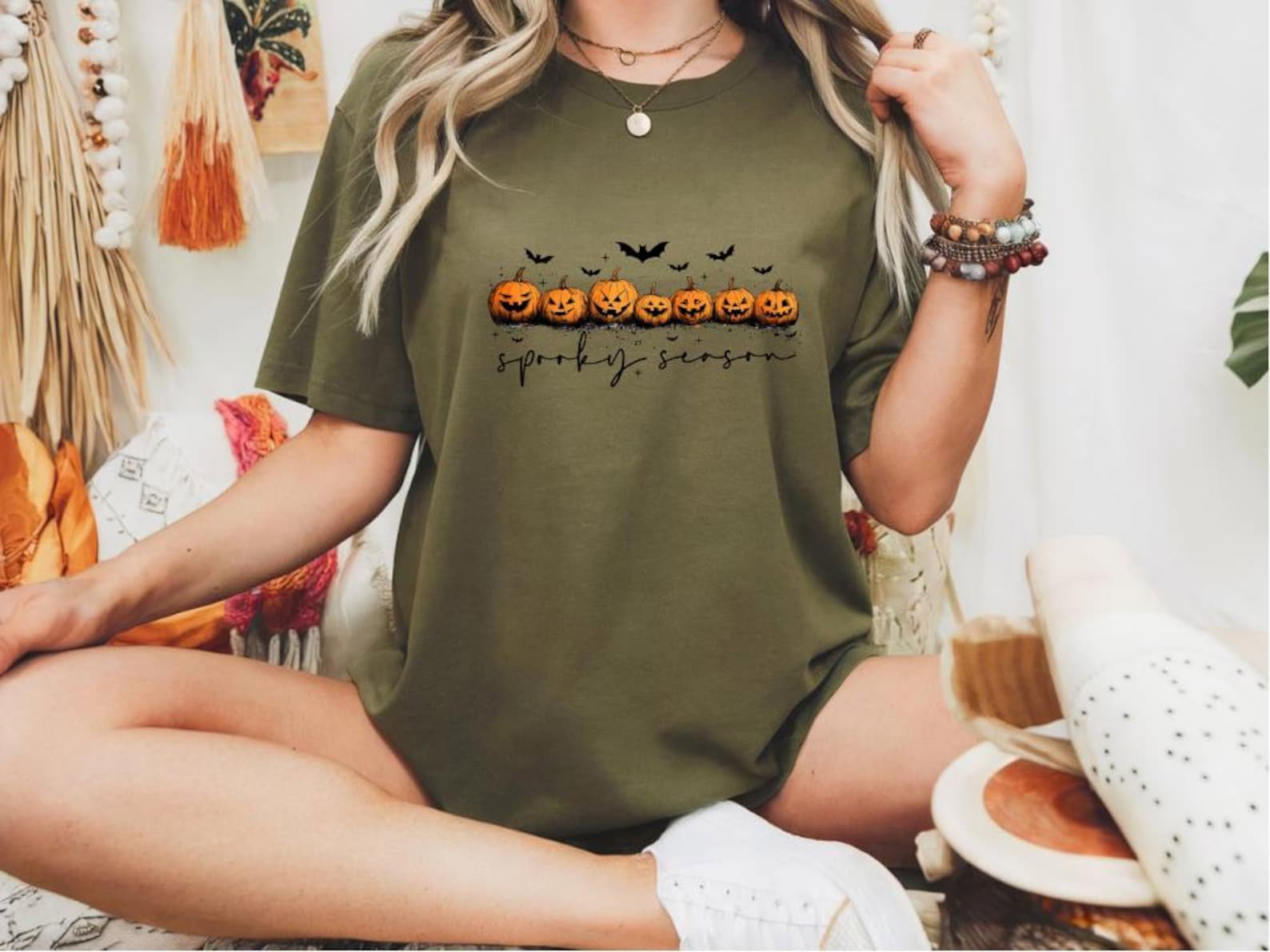 Jack-o'-Lantern Row Halloween Shirt: Hand-Drawn Pumpkin FaceSpooky Season Sweatshirt 5