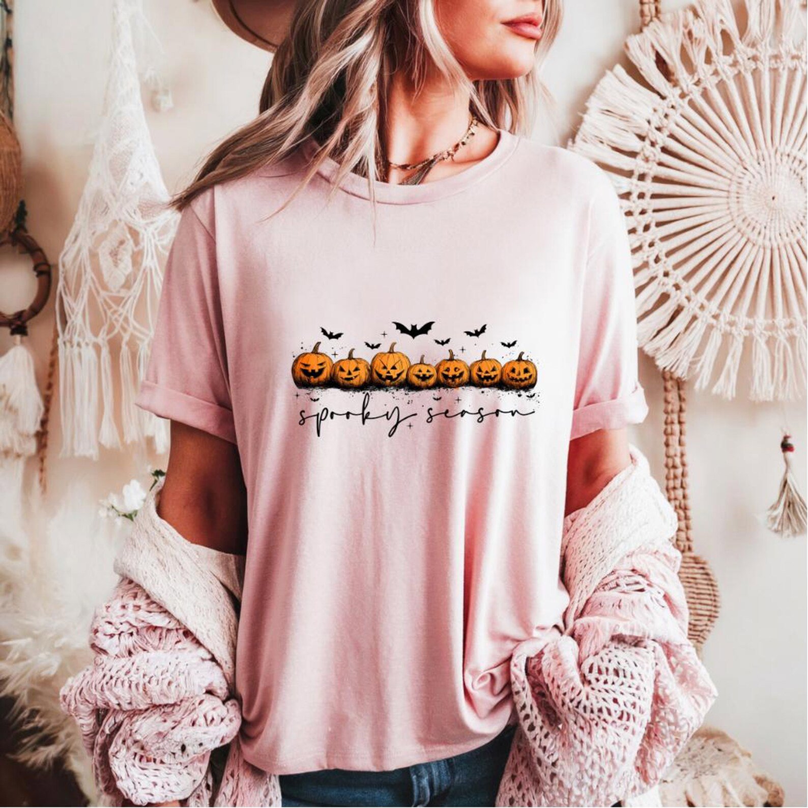 Jack-o'-Lantern Row Halloween Shirt: Hand-Drawn Pumpkin FaceSpooky Season Sweatshirt 4