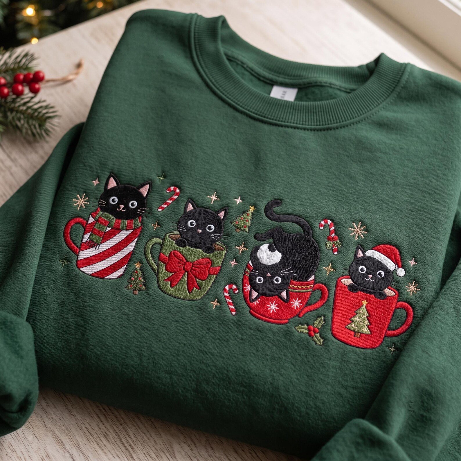 Black Cat Christmas Embroidered Sweatshirt, Cute Kitty in Mug Holiday Crewneck, Cozy Festive Cat Lover Shirt, Christmas Pet Gift 3