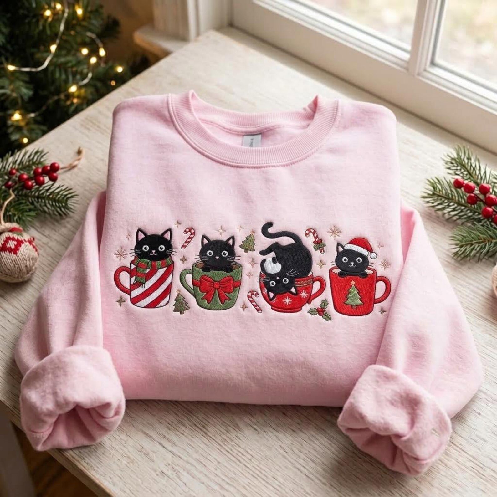 Black Cat Christmas Embroidered Sweatshirt, Cute Kitty in Mug Holiday Crewneck, Cozy Festive Cat Lover Shirt, Christmas Pet Gift 5