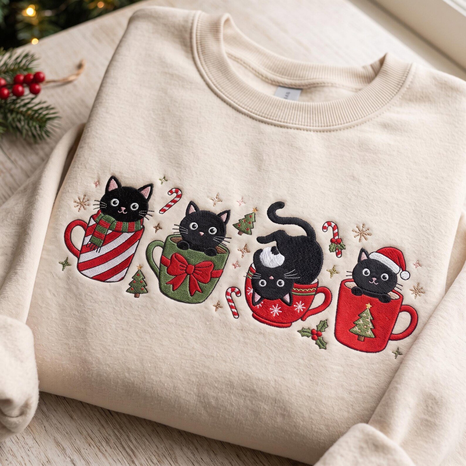 Black Cat Christmas Embroidered Sweatshirt, Cute Kitty in Mug Holiday Crewneck, Cozy Festive Cat Lover Shirt, Christmas Pet Gift 4