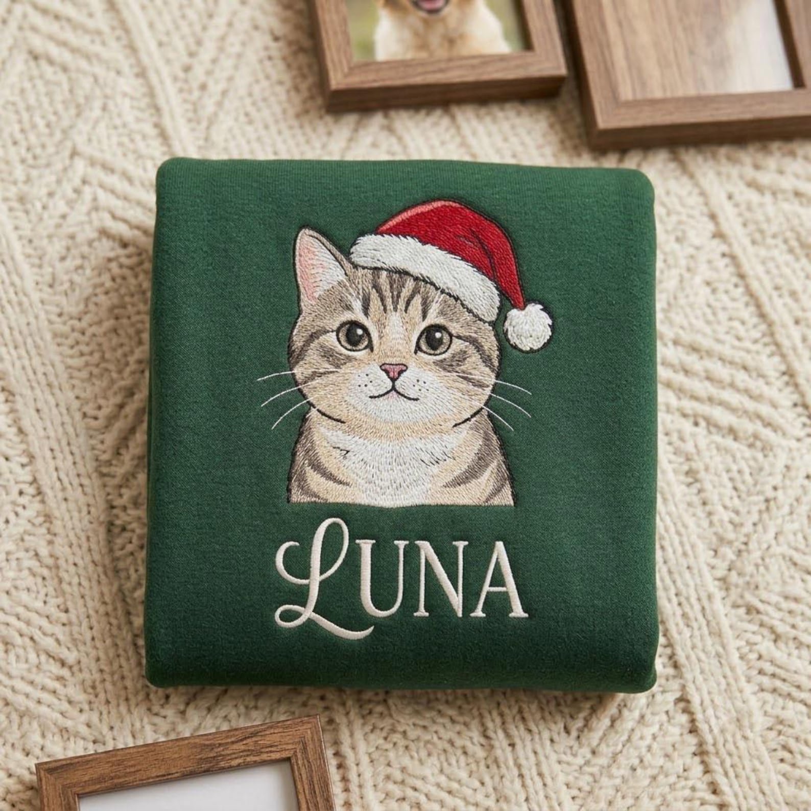 Custom Pet Portrait Embroidered Sweatshirt, Personalized Dog Christmas Crewneck, Santa Hat Pet Memorial Sweater, Dog Lover Gift 1