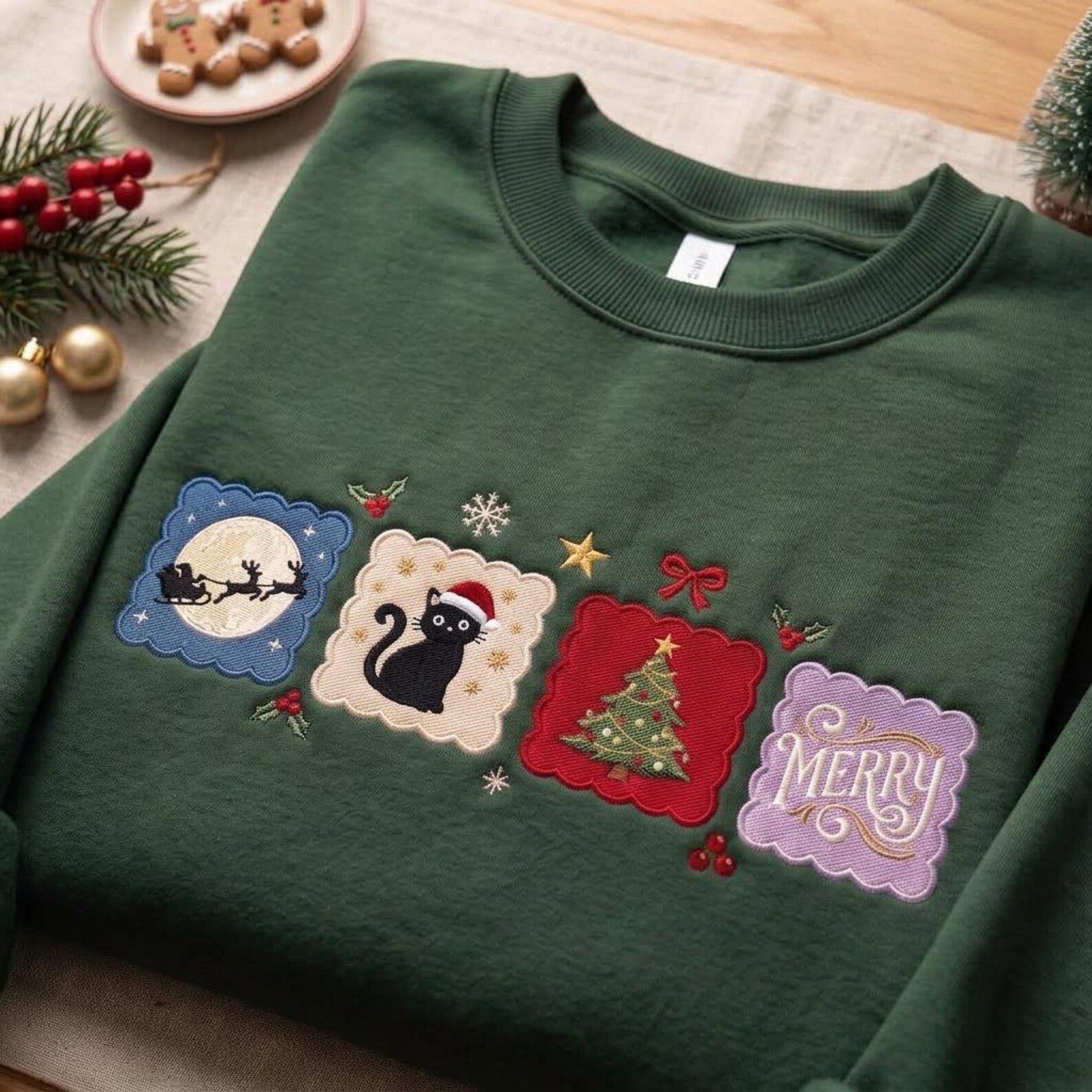 Black Cat Christmas Embroidered Sweatshirt, Santa Holiday Crewneck, Merry Christmas Tree Shirt, Cute Festive Cat Lover Gift 2