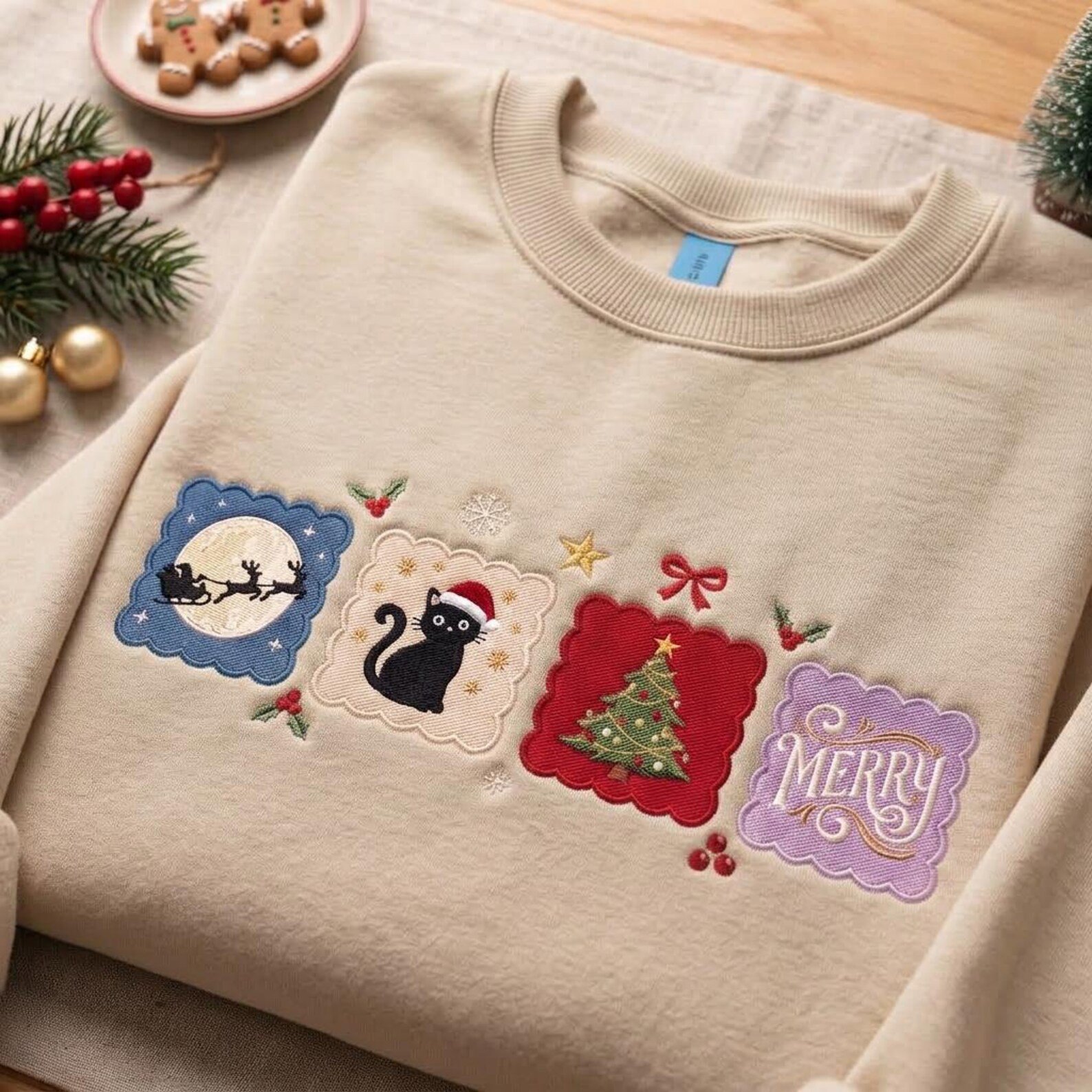 Black Cat Christmas Embroidered Sweatshirt, Santa Holiday Crewneck, Merry Christmas Tree Shirt, Cute Festive Cat Lover Gift 3