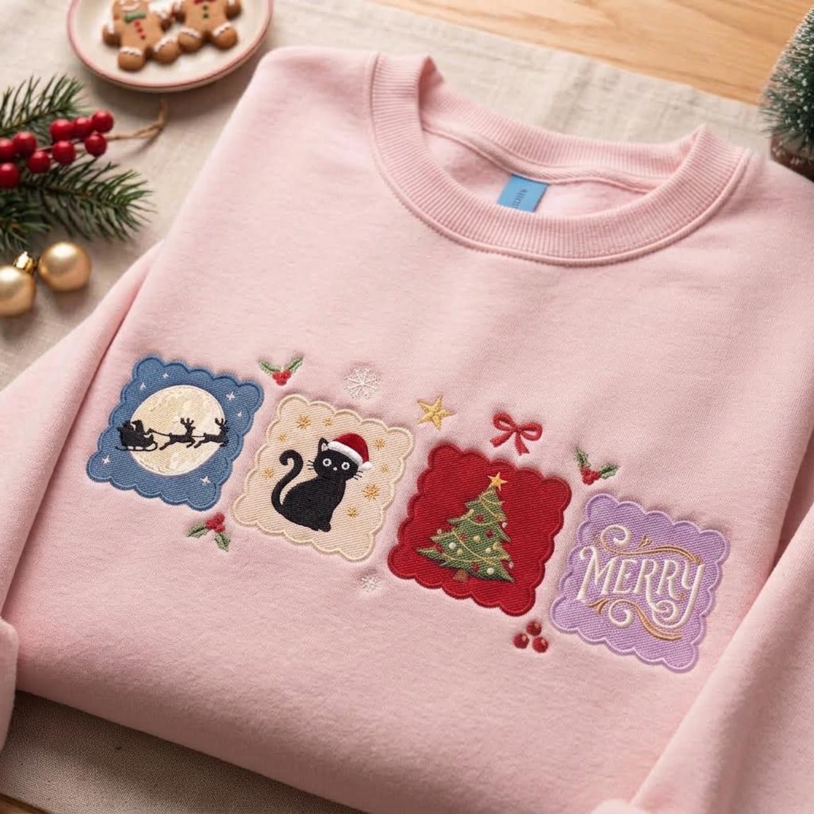 Black Cat Christmas Embroidered Sweatshirt, Santa Holiday Crewneck, Merry Christmas Tree Shirt, Cute Festive Cat Lover Gift 1