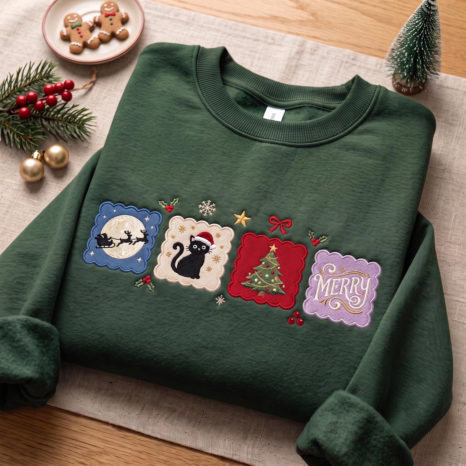 Black Cat Christmas Embroidered Sweatshirt, Santa Holiday Crewneck, Merry Christmas Tree Shirt, Cute Festive Cat Lover Gift 4