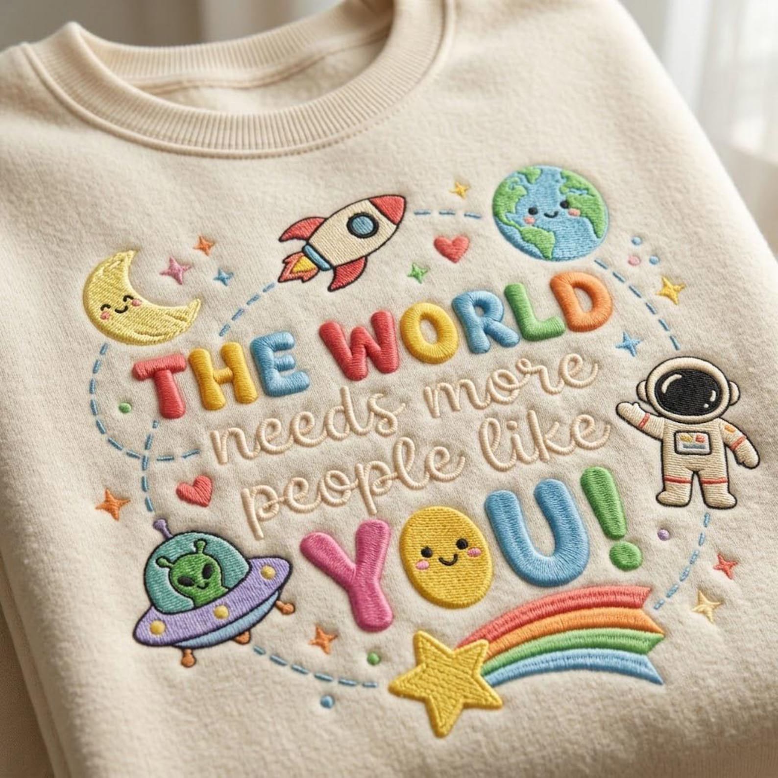 The World Needs More People Like You Embroidered Sweatshirt, Cute Space Positive Message Pullover, Astronaut and Planet Gift 1