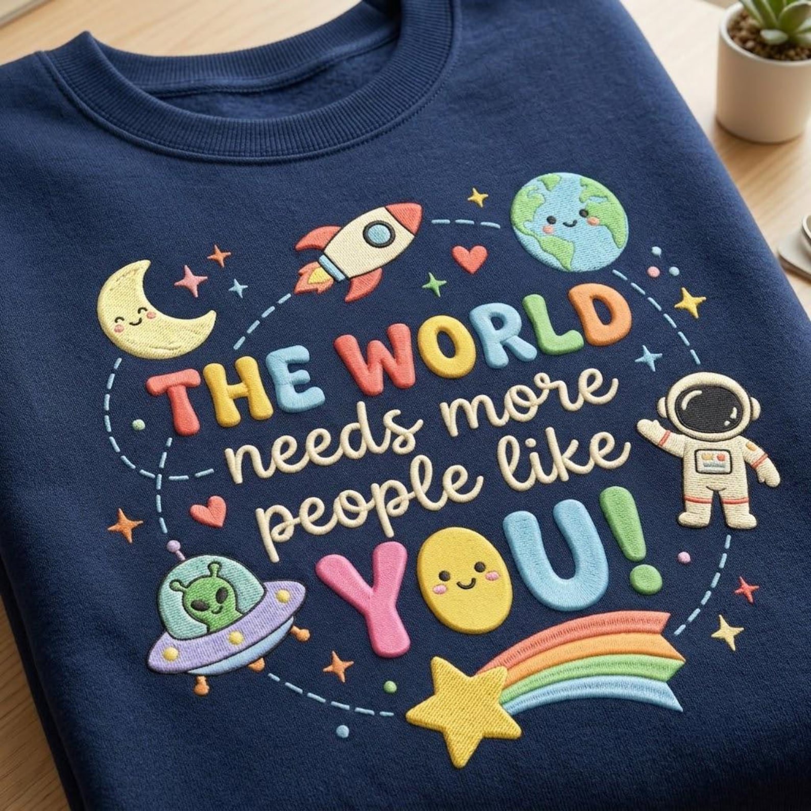 The World Needs More People Like You Embroidered Sweatshirt, Cute Space Positive Message Pullover, Astronaut and Planet Gift 2