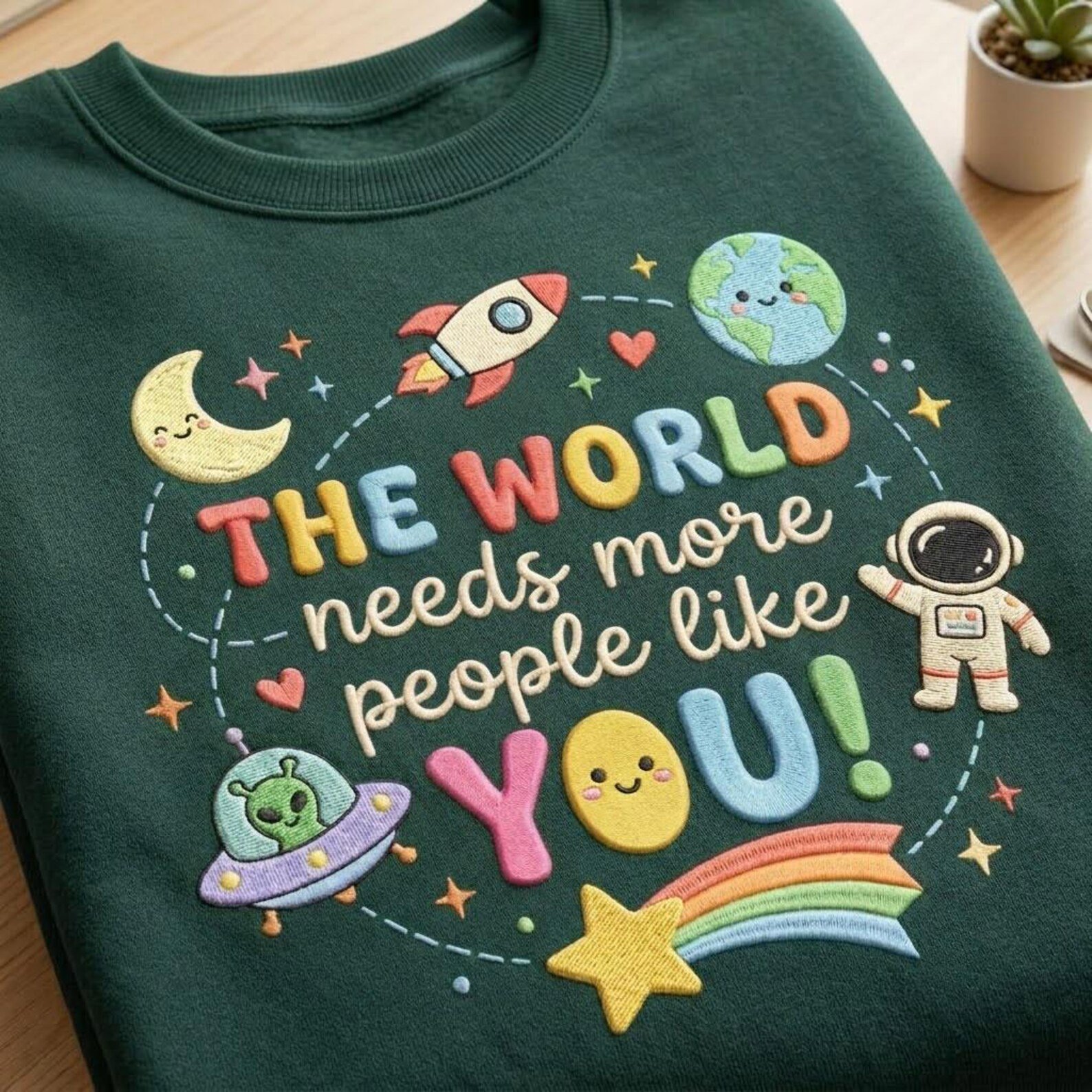 The World Needs More People Like You Embroidered Sweatshirt, Cute Space Positive Message Pullover, Astronaut and Planet Gift 3