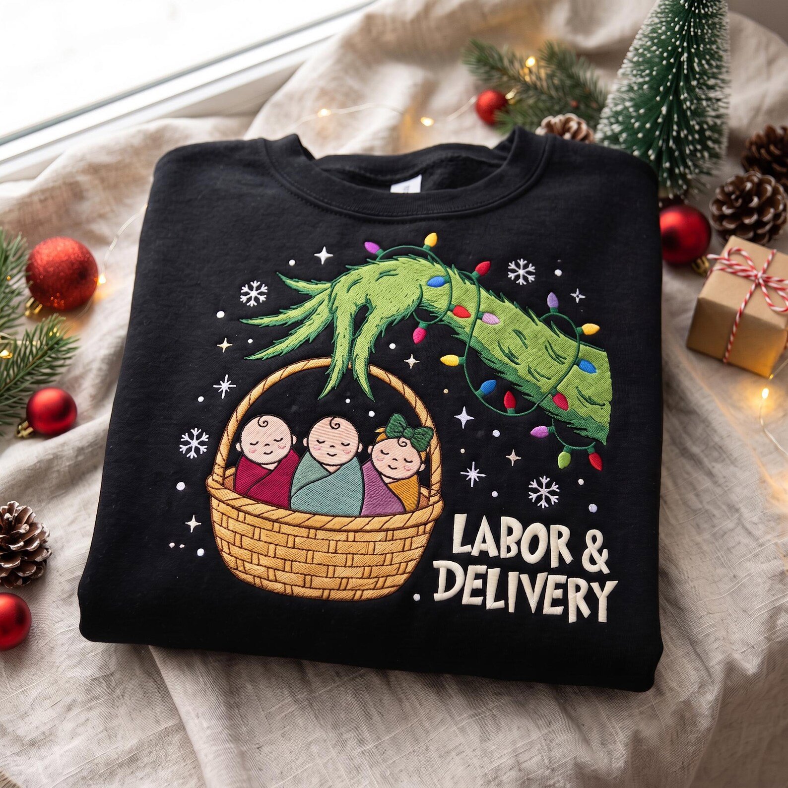 Labor Delivery Christmas Embroidered Sweatshirt, Funny L&D Nurse Holiday Crewneck, Newborn Maternity Nurse Shirt, Hospital Christmas Gift 1