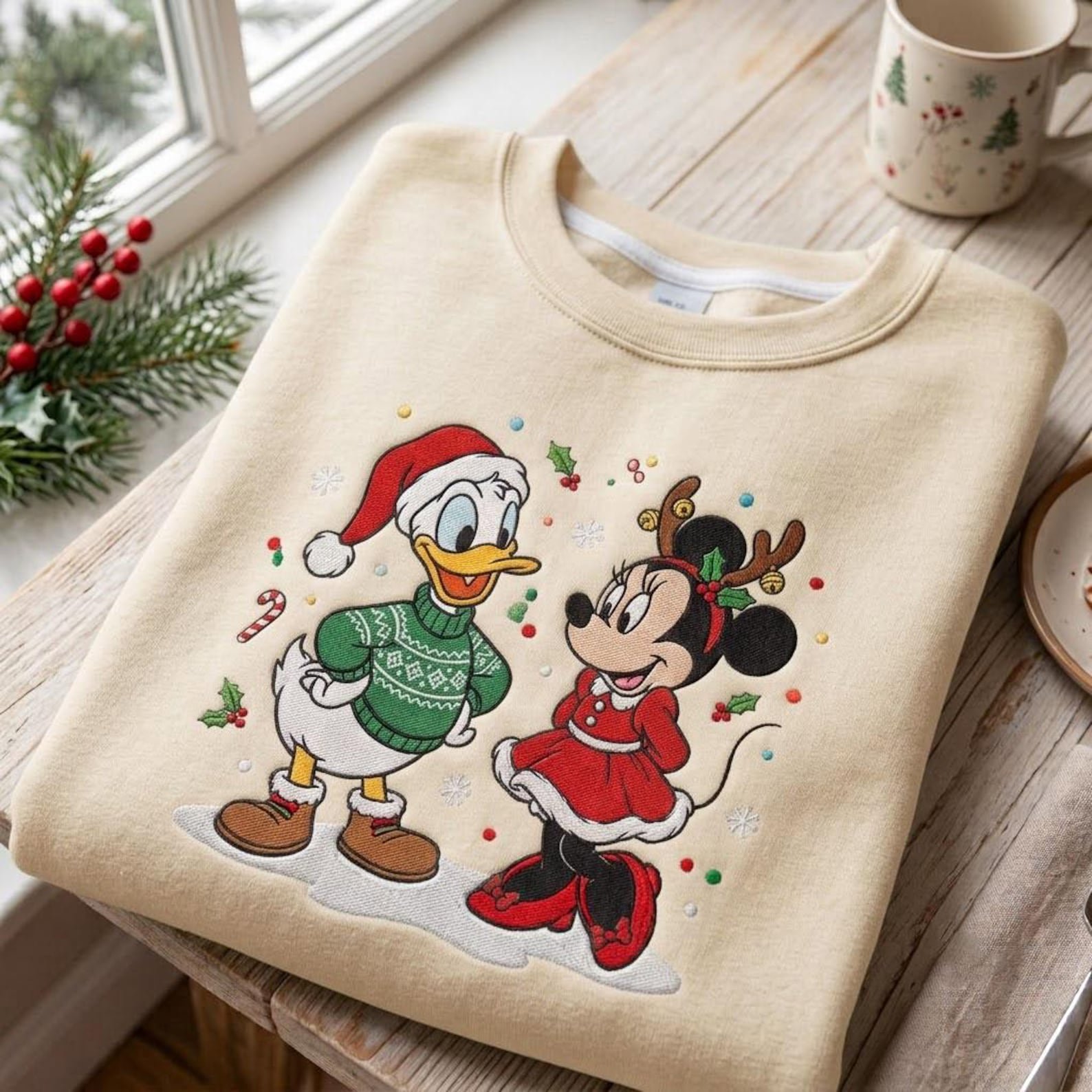 Christmas Duck and Mouse Embroidered Sweatshirt, Cute Holiday Characters Crewneck, Festive Winter Christmas Gift 2