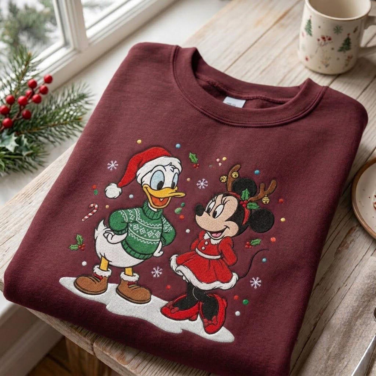 Christmas Duck and Mouse Embroidered Sweatshirt, Cute Holiday Characters Crewneck, Festive Winter Christmas Gift 1