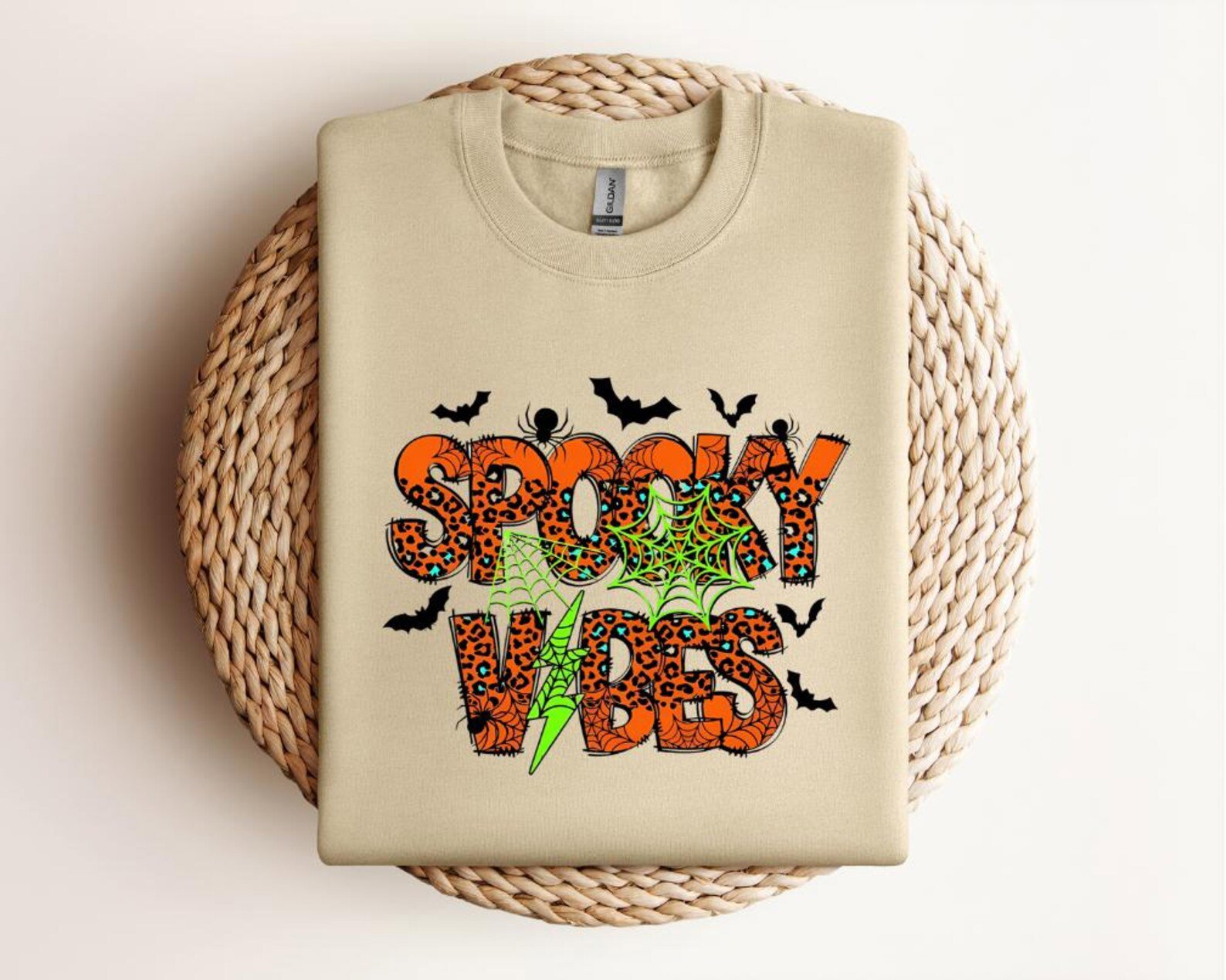 Spooky Vibes Halloween T-Shirt: Leopard Spider Web, Neon Graphic Sweatshirt 2