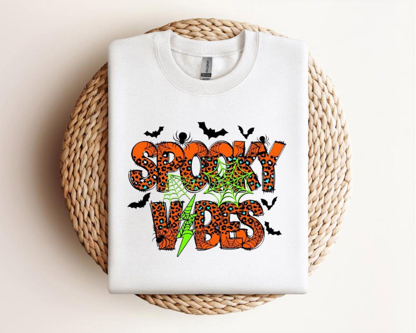 Spooky Vibes Halloween T-Shirt: Leopard Spider Web, Neon Graphic Sweatshirt 1