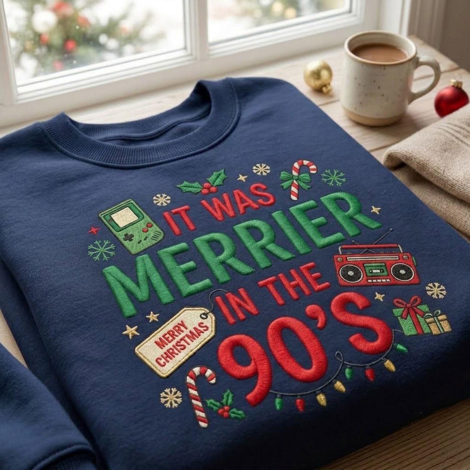Merrier in the 90s Embroidered Sweatshirt, Retro Christmas Crewneck, 90s Holiday Nostalgia Sweater, Vintage Christmas Gift 1