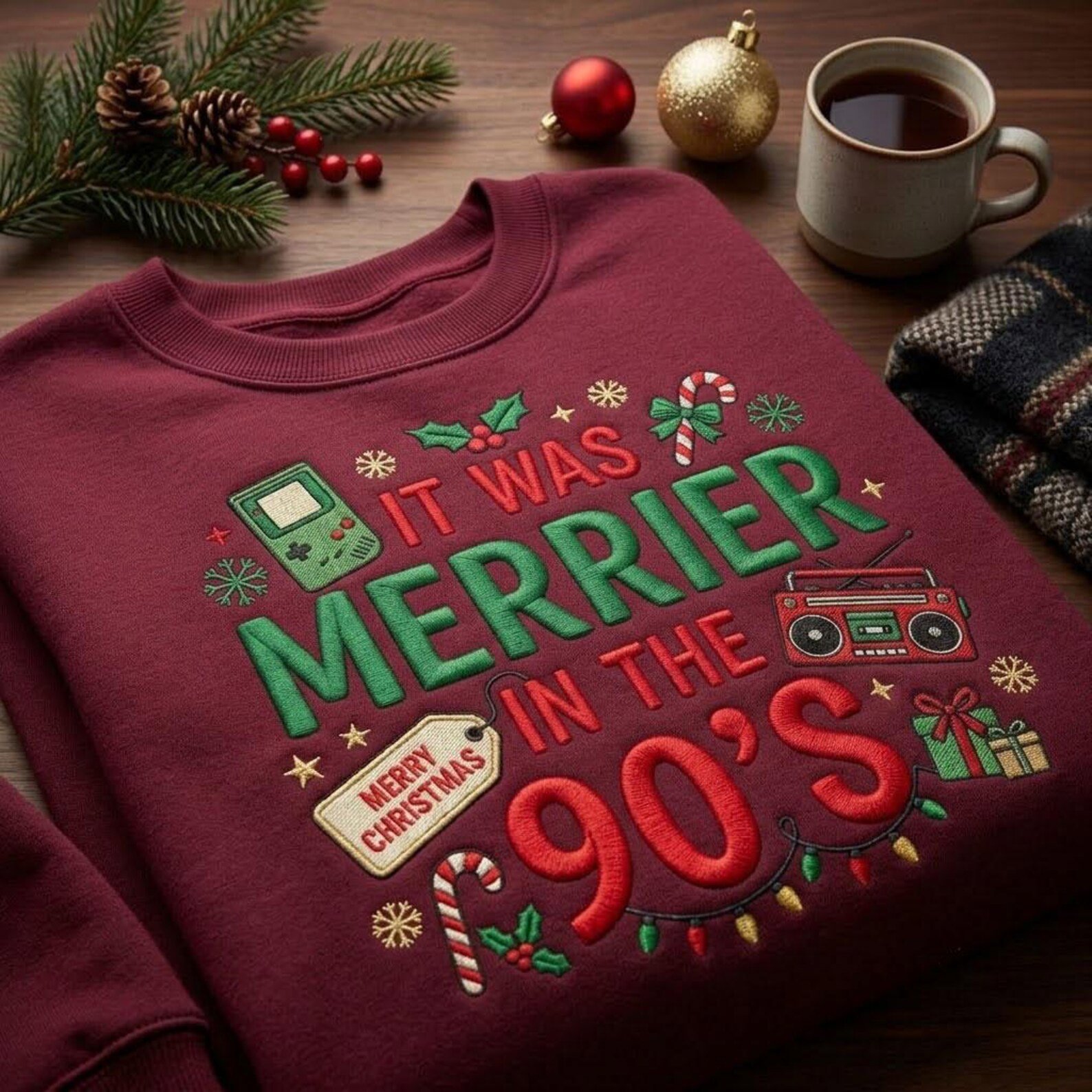 Merrier in the 90s Embroidered Sweatshirt, Retro Christmas Crewneck, 90s Holiday Nostalgia Sweater, Vintage Christmas Gift 3