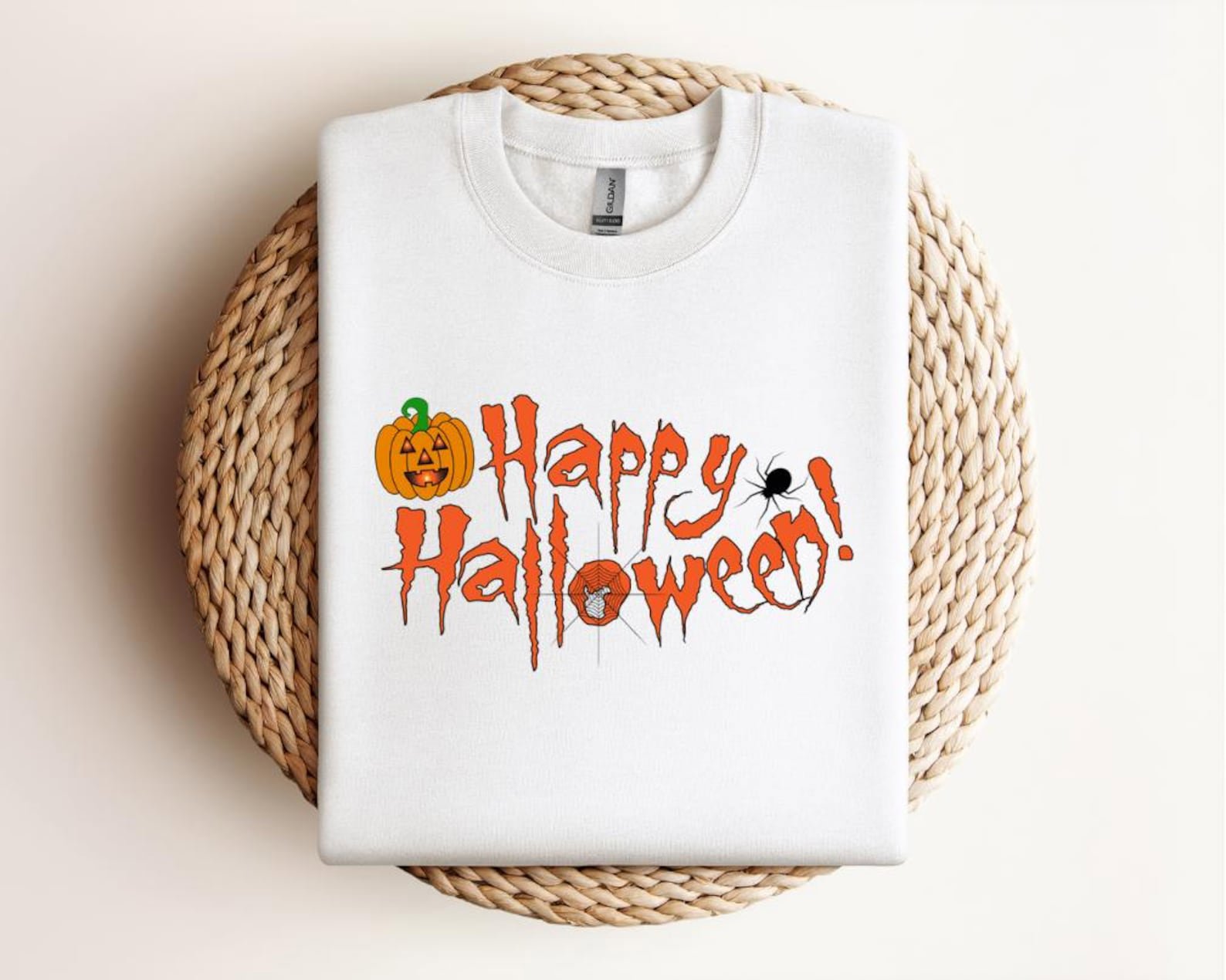 Happy Halloween Sweatshirt, Spooky Pumpkin & Spider Web T-Shirt 1