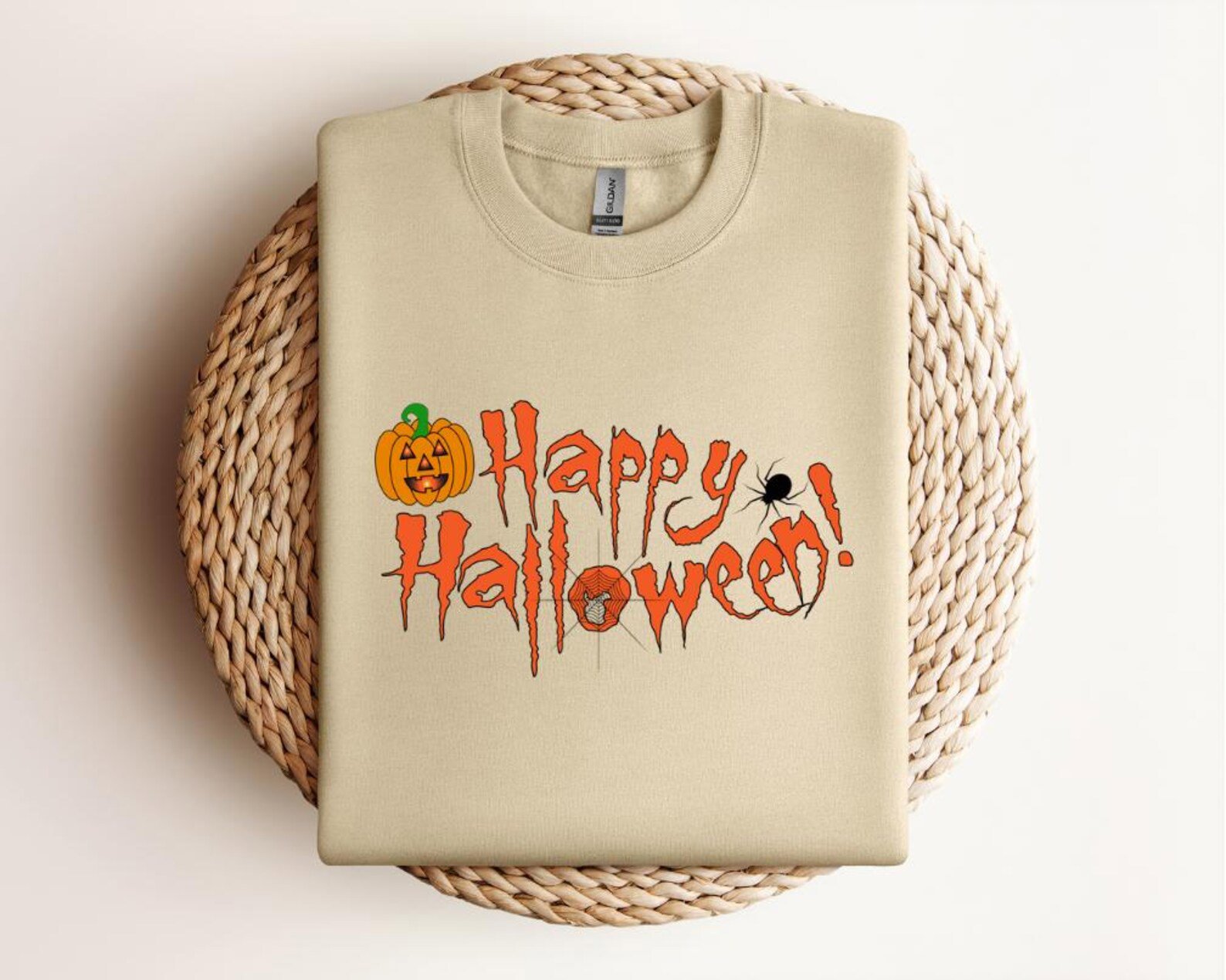 Happy Halloween Sweatshirt, Spooky Pumpkin & Spider Web T-Shirt 2