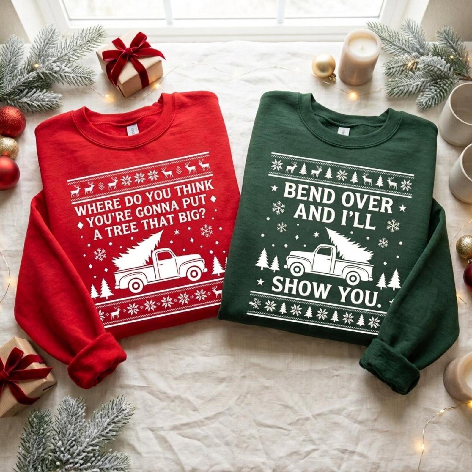 Matching Christmas Couple Embroidered Sweatshirt, Funny Bend Over I Will Show You A Tree That Big, Holiday Couple Shirt, Xmas Gift 3
