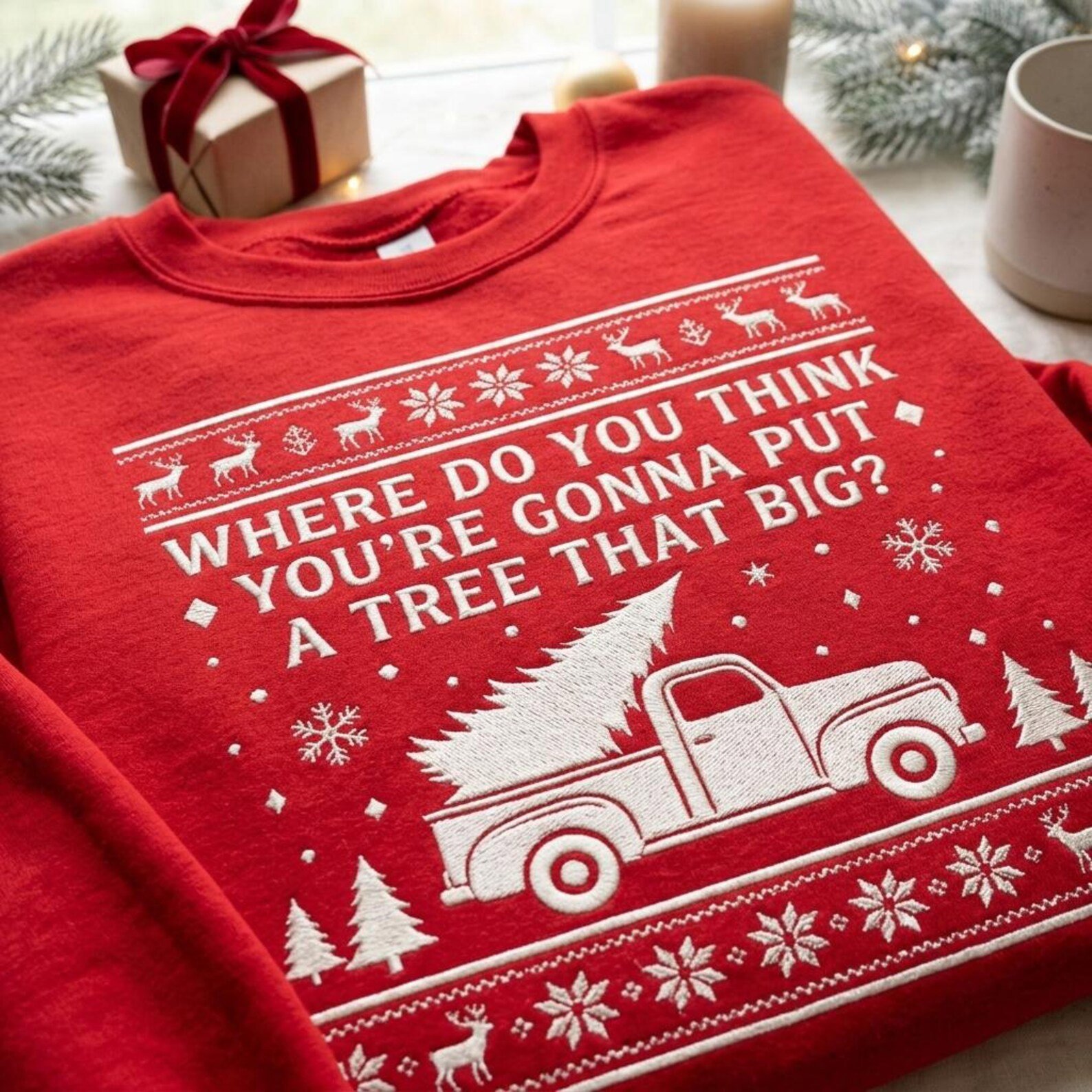 Matching Christmas Couple Embroidered Sweatshirt, Funny Bend Over I Will Show You A Tree That Big, Holiday Couple Shirt, Xmas Gift 1