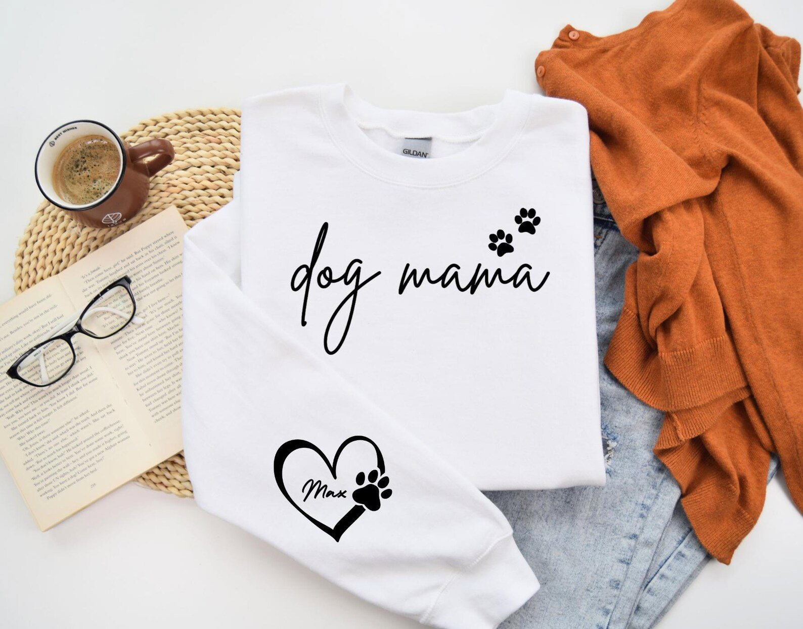 Dog Mama Sweatshirt with Paw Print, Custom Name Dog Mom Shirt, Pet Lover Gift for Women, Personalized Dog Mama Crewneck 1
