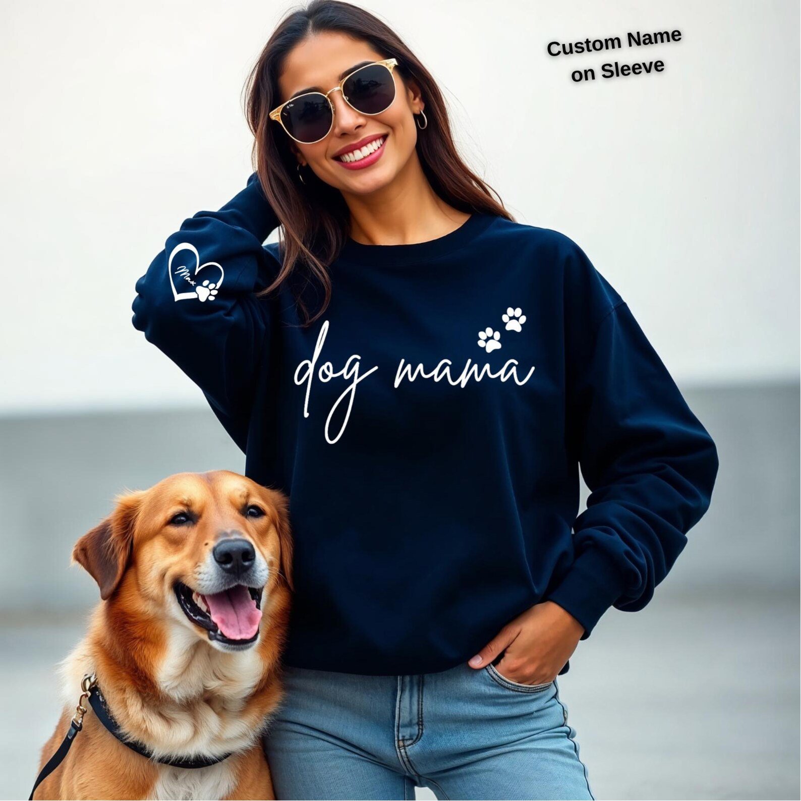 Dog Mama Sweatshirt with Paw Print, Custom Name Dog Mom Shirt, Pet Lover Gift for Women, Personalized Dog Mama Crewneck 2
