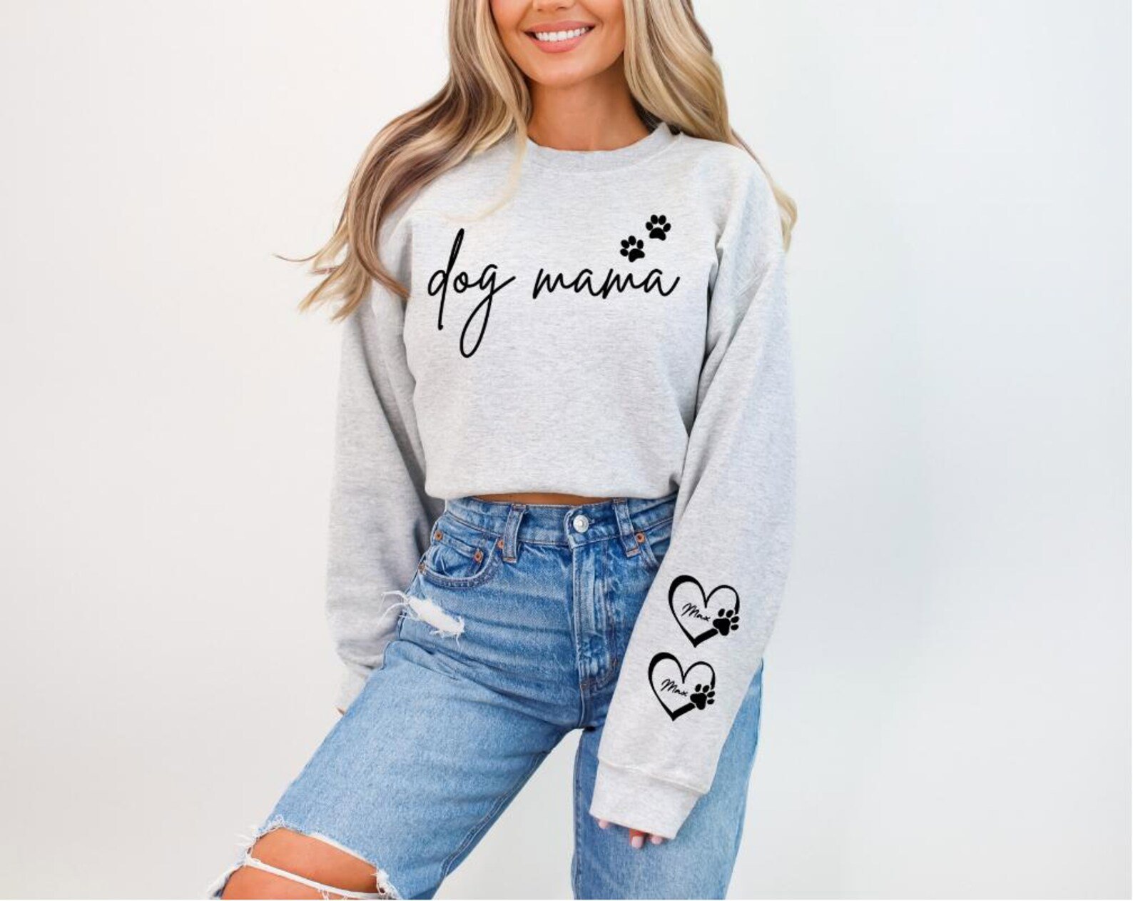 Dog Mama Sweatshirt with Paw Print, Custom Name Dog Mom Shirt, Pet Lover Gift for Women, Personalized Dog Mama Crewneck 5
