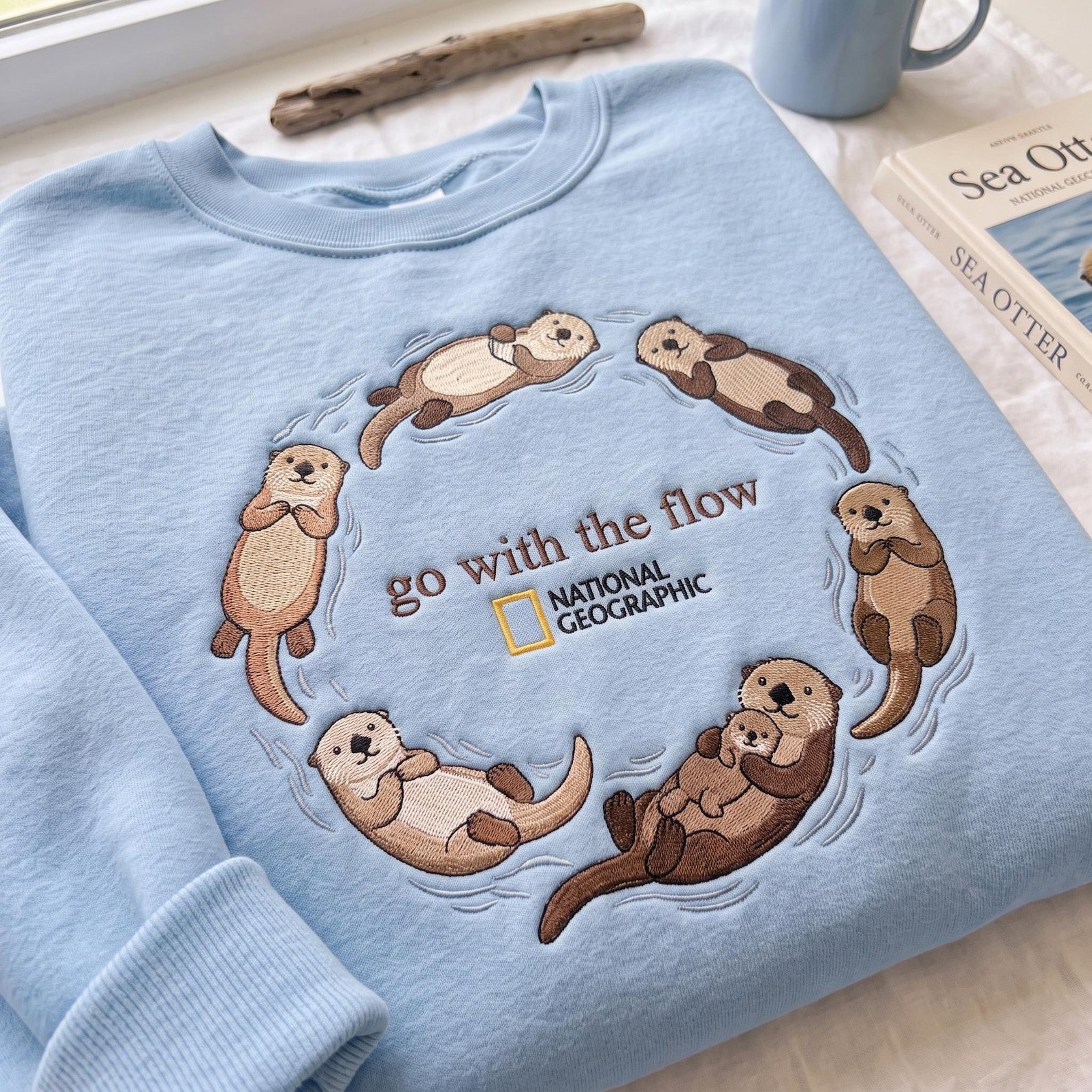 Go With The Flow Sea Otter Embroidered Sweatshirt, Cute Marine Mammal Crewneck, Ocean Wildlife Shirt, Coastal Nature Lover Gift 4