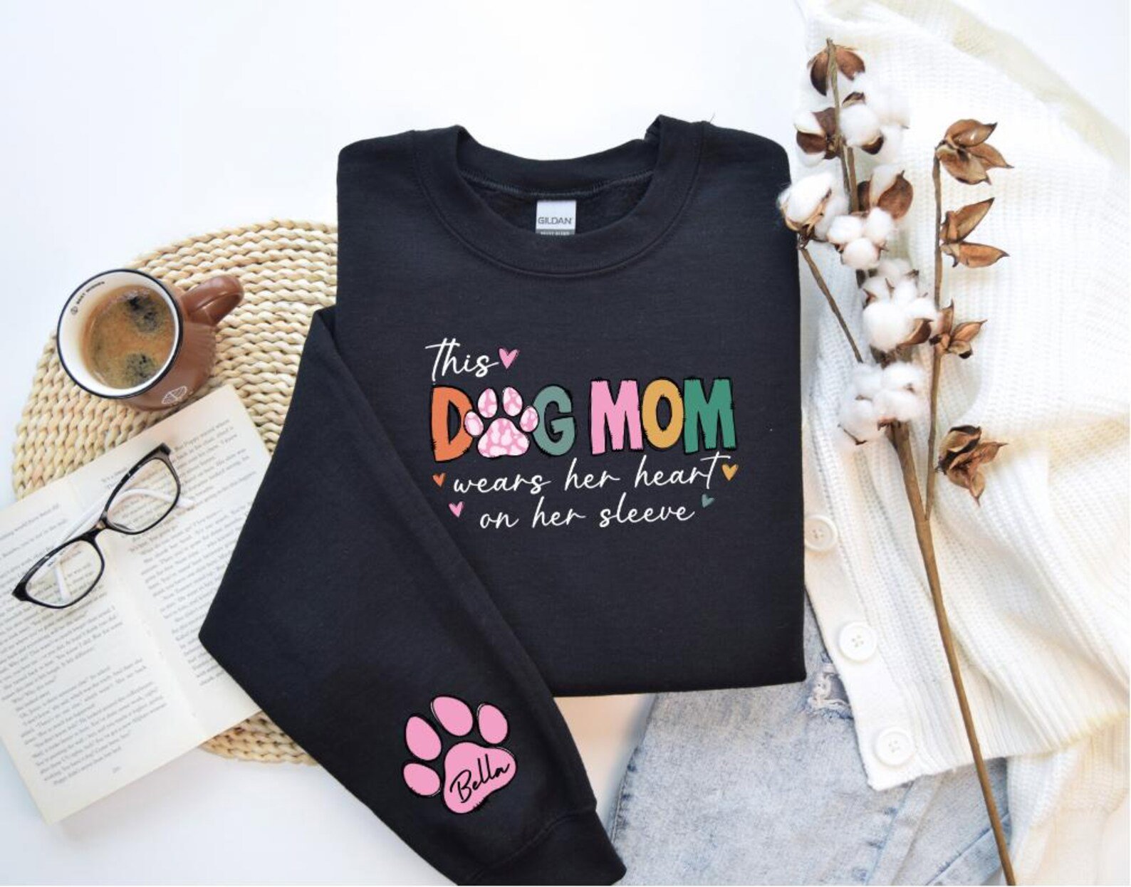 This Dog Mom Wears Her Heart on Her Sleeve Sweatshirt, Custom Dog Name Paw Sleeve Hoodie, Gift for Dog Mom, Personalized Dog Mom Top 3