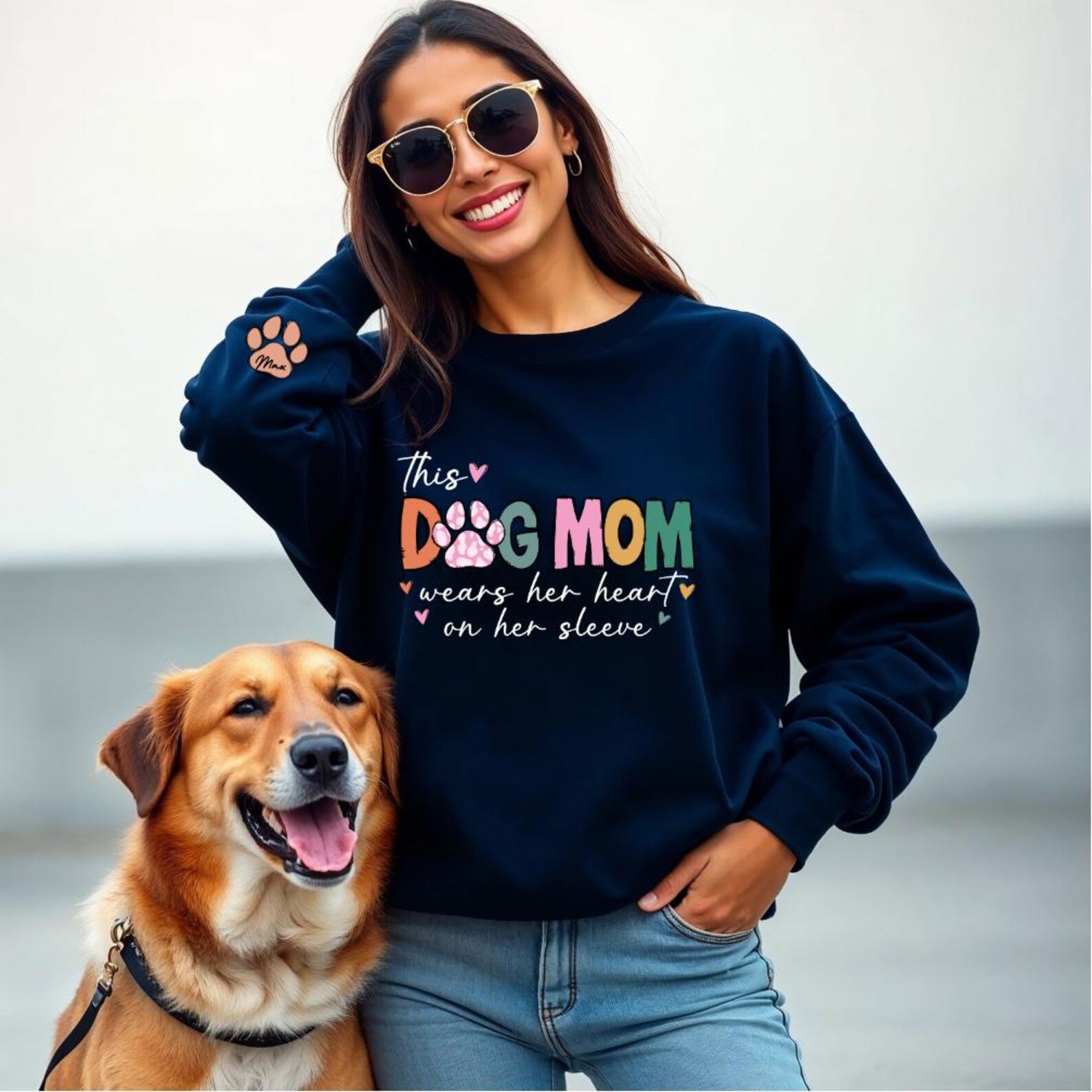 This Dog Mom Wears Her Heart on Her Sleeve Sweatshirt, Custom Dog Name Paw Sleeve Hoodie, Gift for Dog Mom, Personalized Dog Mom Top 2