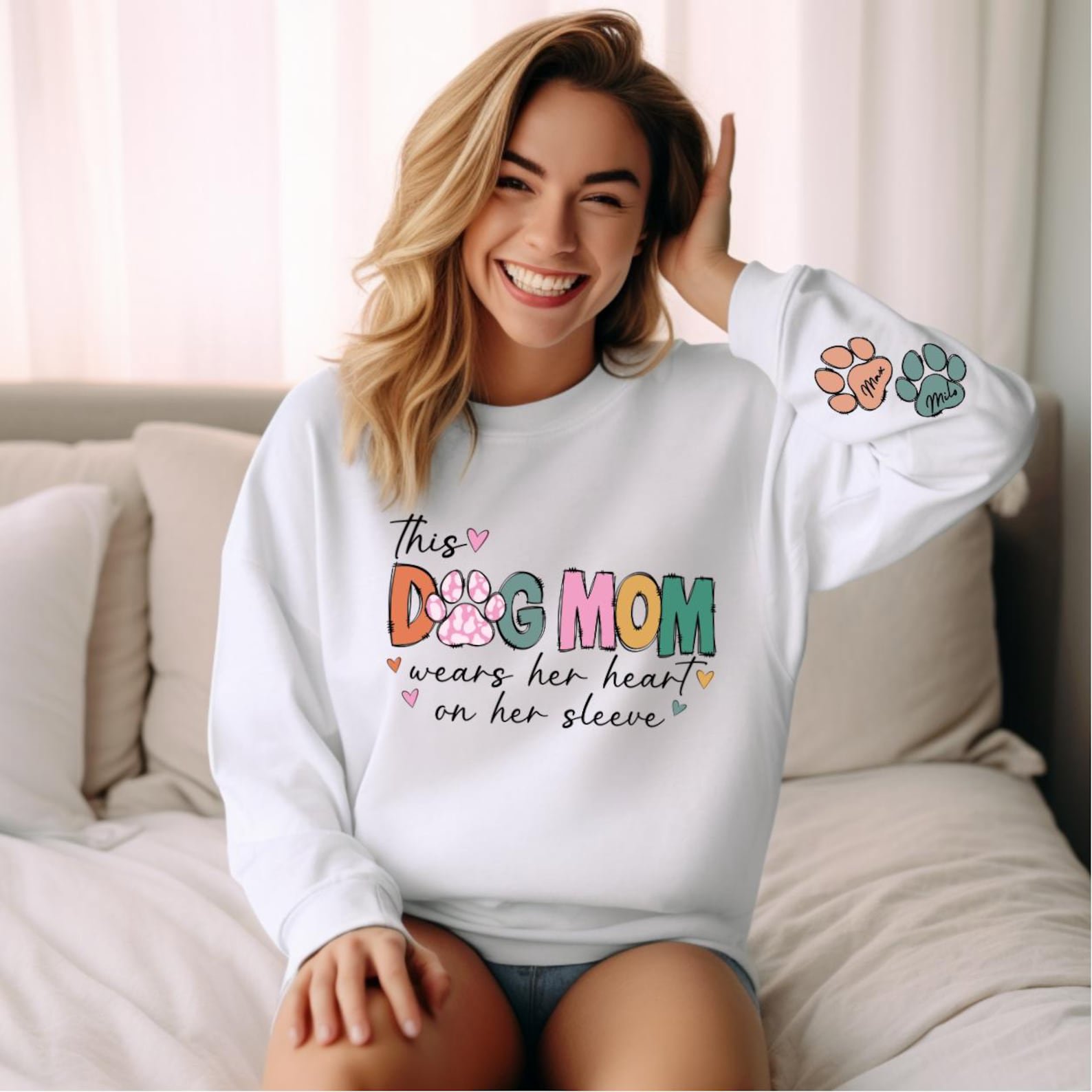 This Dog Mom Wears Her Heart on Her Sleeve Sweatshirt, Custom Dog Name Paw Sleeve Hoodie, Gift for Dog Mom, Personalized Dog Mom Top 4