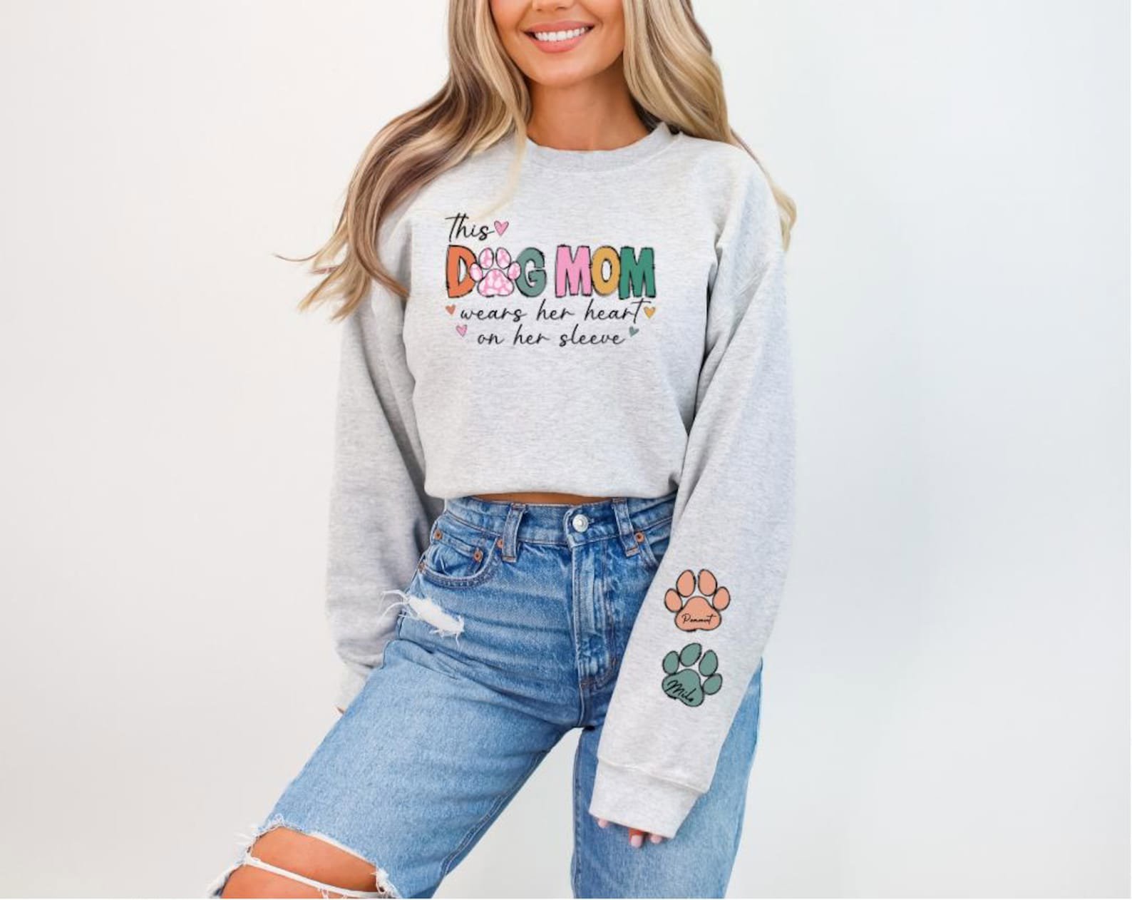 This Dog Mom Wears Her Heart on Her Sleeve Sweatshirt, Custom Dog Name Paw Sleeve Hoodie, Gift for Dog Mom, Personalized Dog Mom Top 6