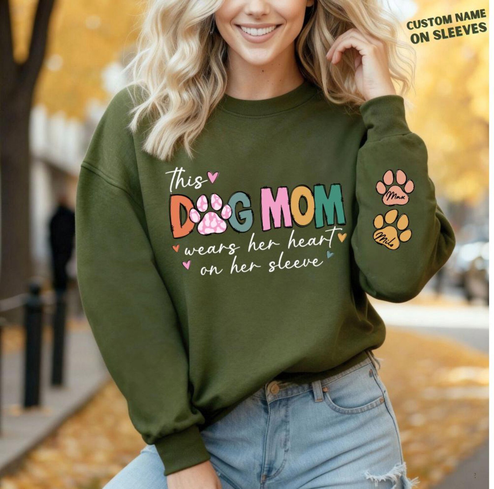 This Dog Mom Wears Her Heart on Her Sleeve Sweatshirt, Custom Dog Name Paw Sleeve Hoodie, Gift for Dog Mom, Personalized Dog Mom Top 5