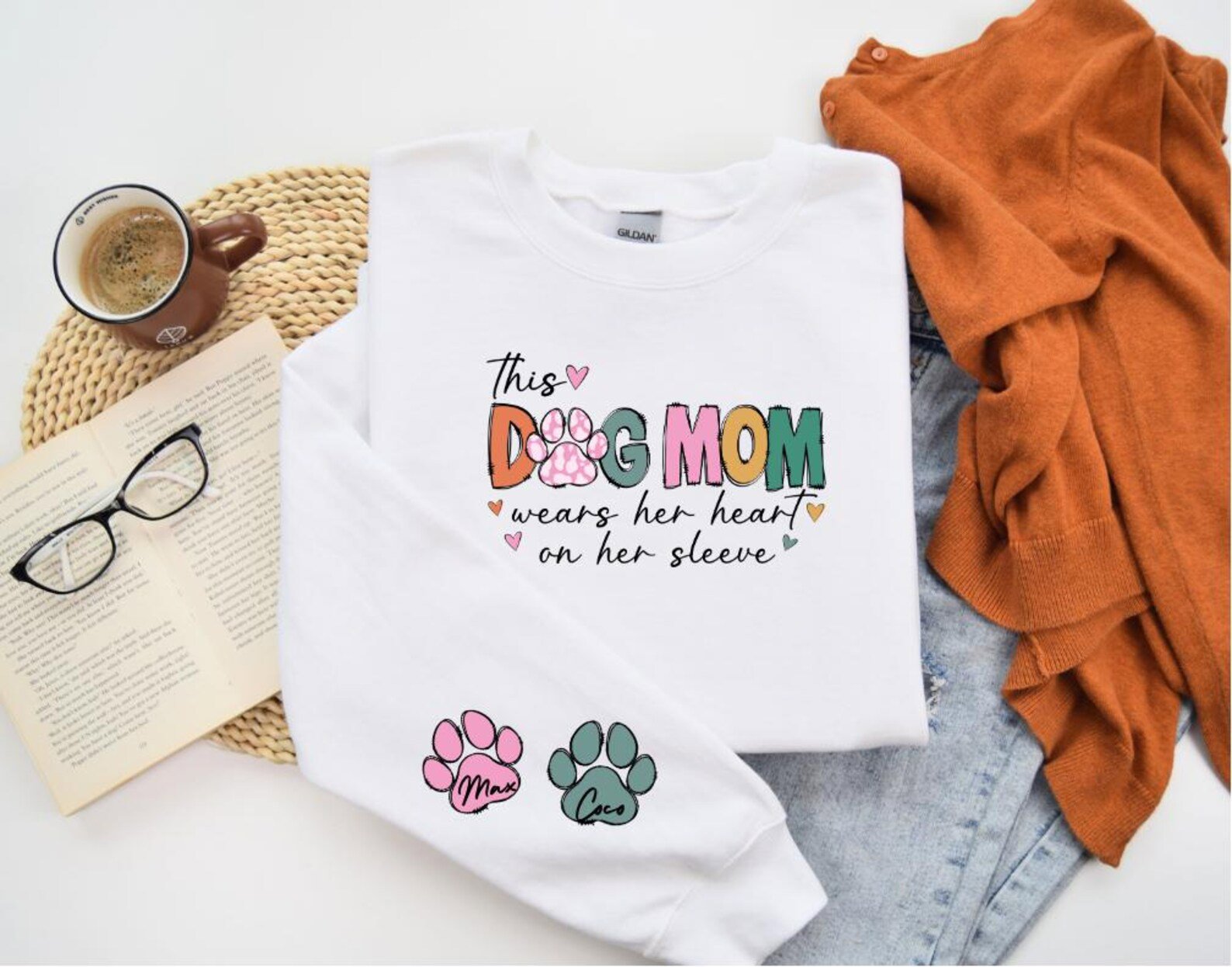 This Dog Mom Wears Her Heart on Her Sleeve Sweatshirt, Custom Dog Name Paw Sleeve Hoodie, Gift for Dog Mom, Personalized Dog Mom Top 11