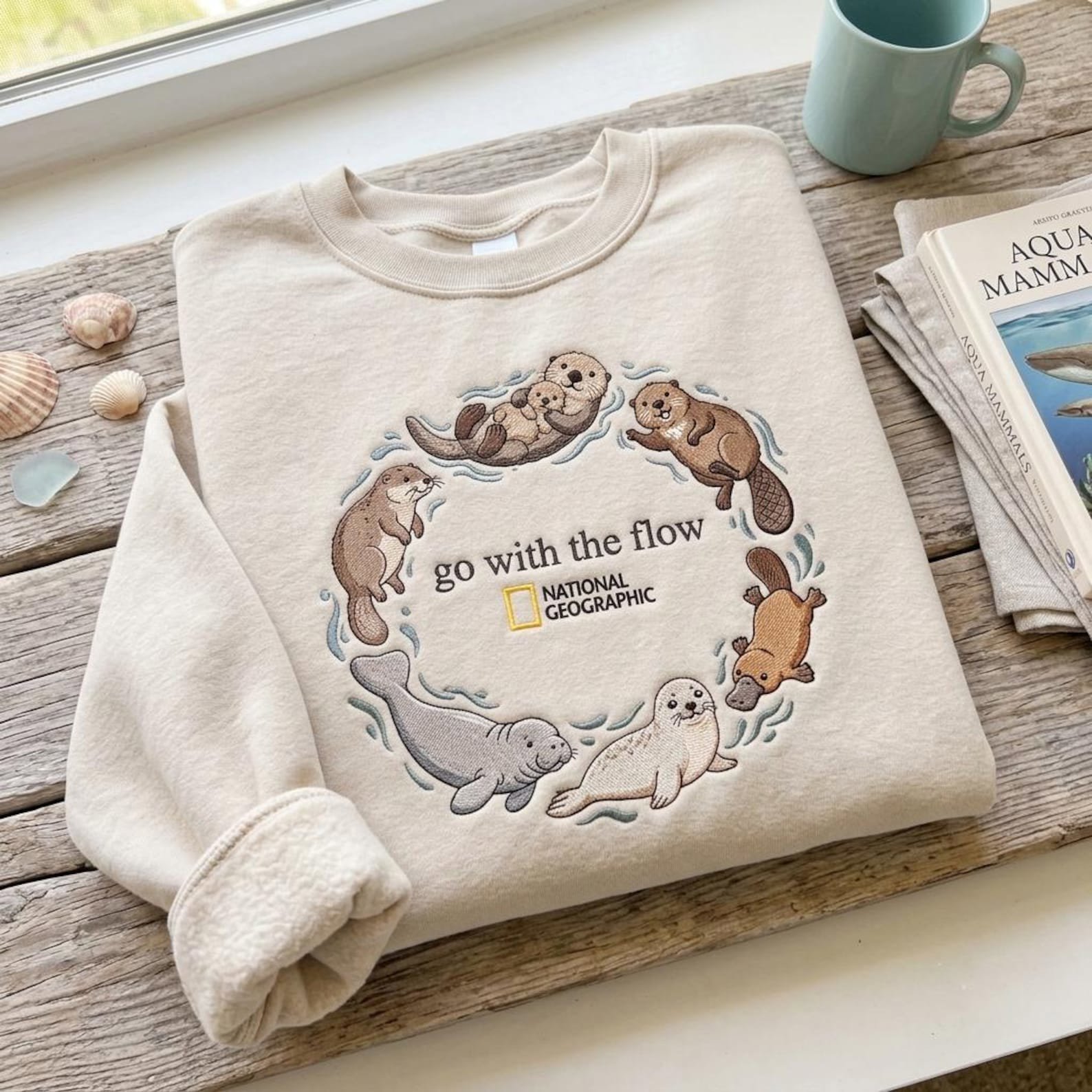 Go With The Flow Aquatic Mammals Embroidered Sweatshirt, Otter Beaver Platypus Marine Wildlife Crewneck Sweatshirt, Cute Nature Lover Gift 2