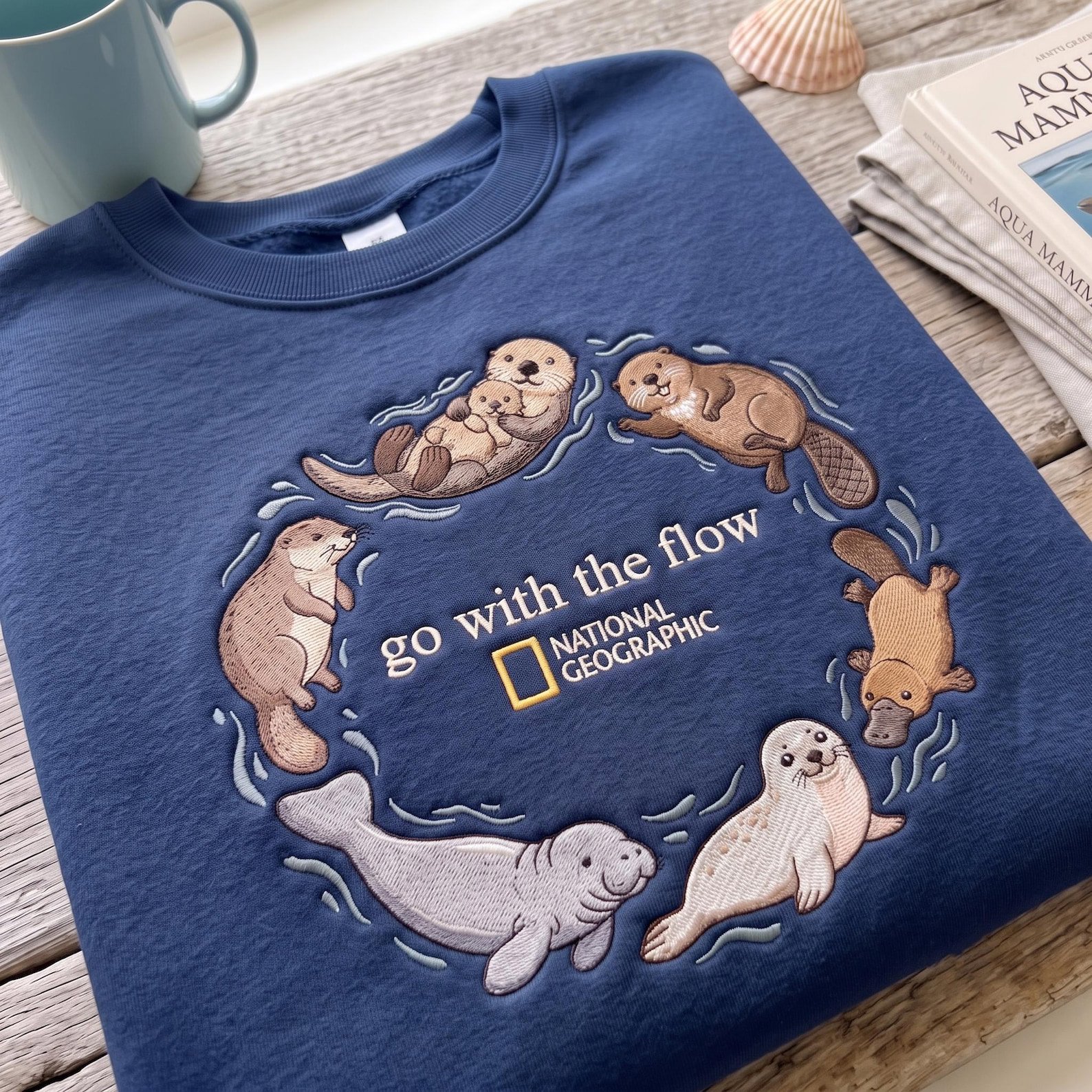 Go With The Flow Aquatic Mammals Embroidered Sweatshirt, Otter Beaver Platypus Marine Wildlife Crewneck Sweatshirt, Cute Nature Lover Gift 1