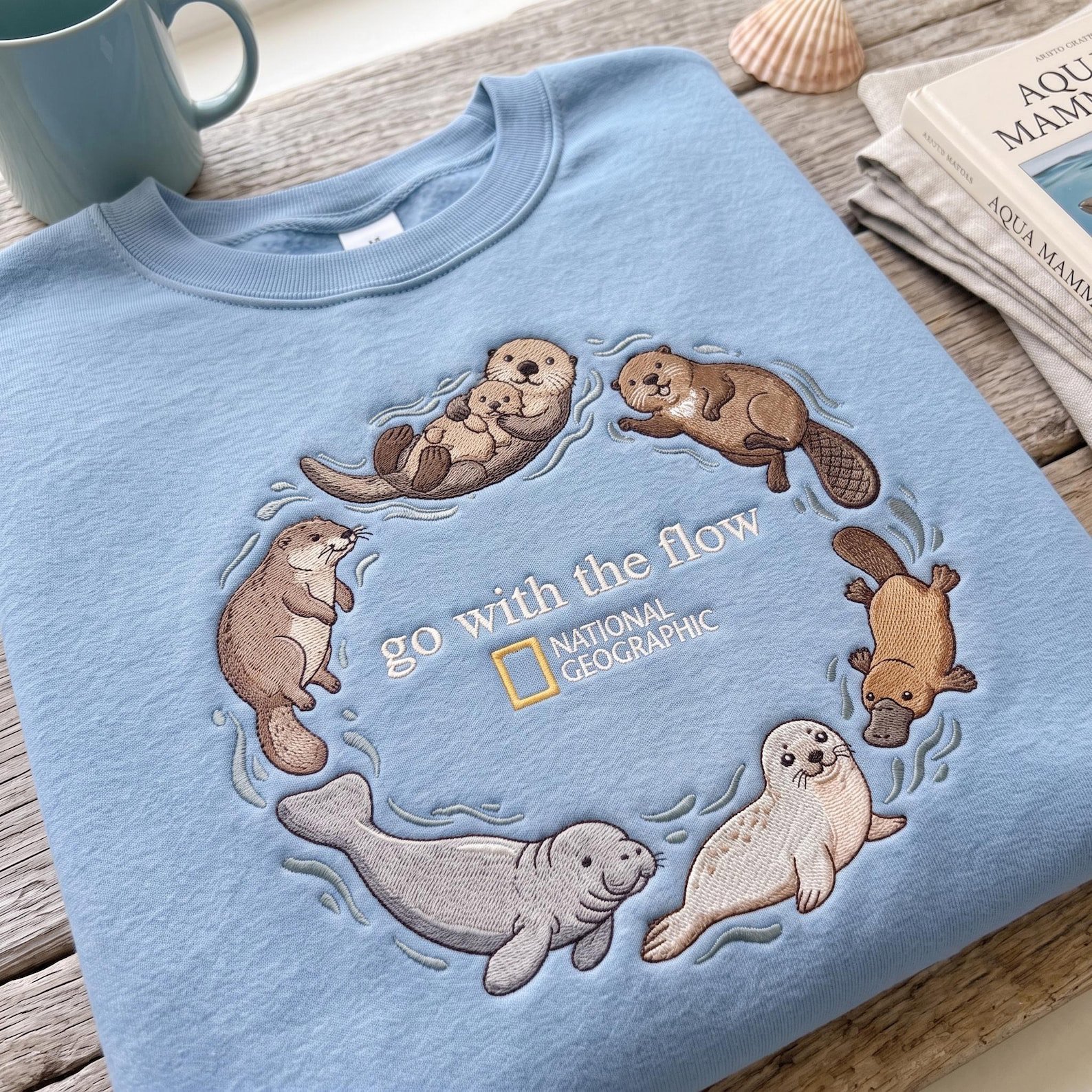 Go With The Flow Aquatic Mammals Embroidered Sweatshirt, Otter Beaver Platypus Marine Wildlife Crewneck Sweatshirt, Cute Nature Lover Gift 4