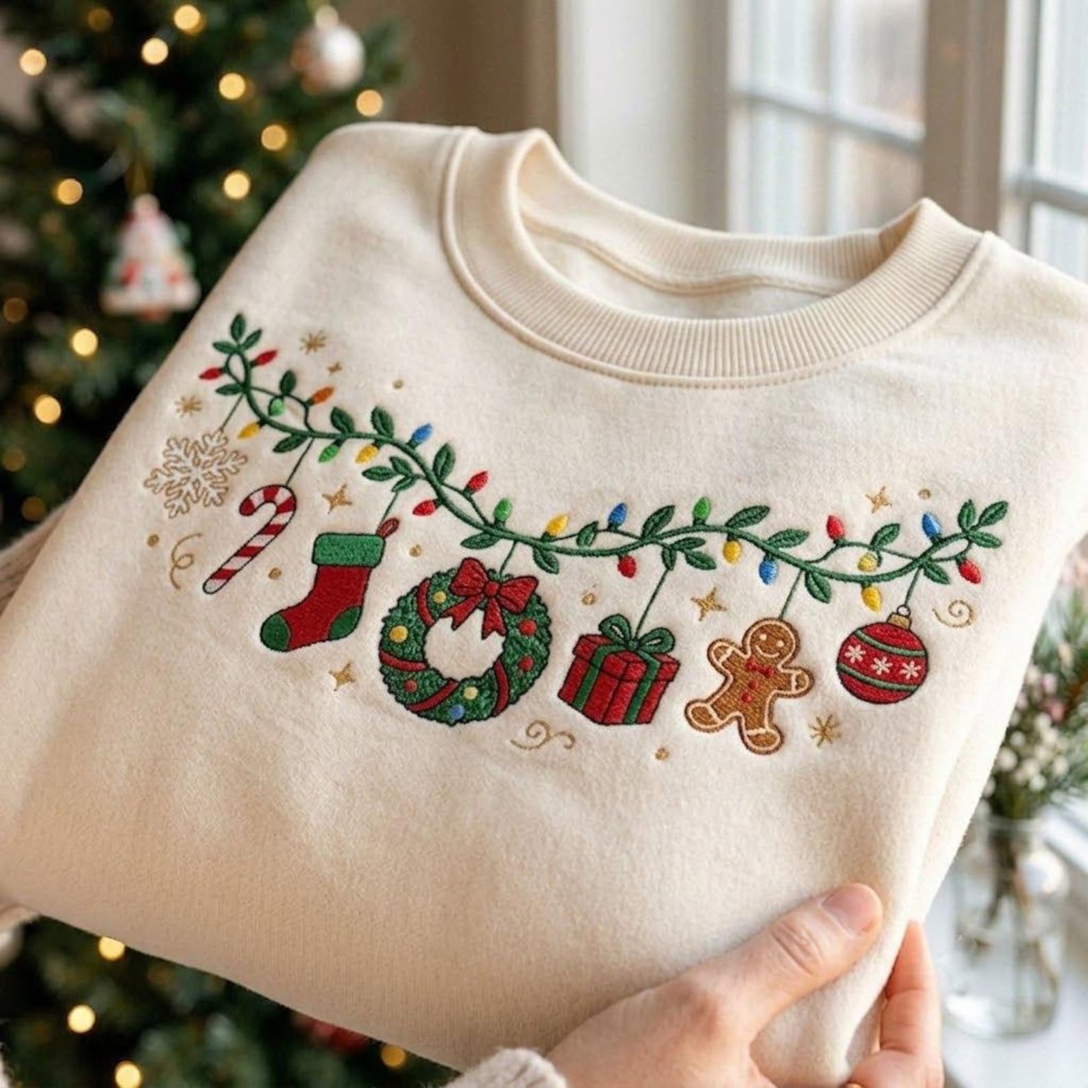 Embroidered Christmas Sweatshirt, Festive Garland Lights Gingerbread Crewneck, Stocking Wreath Ornament Holiday Shirt, Christmas Gift 2