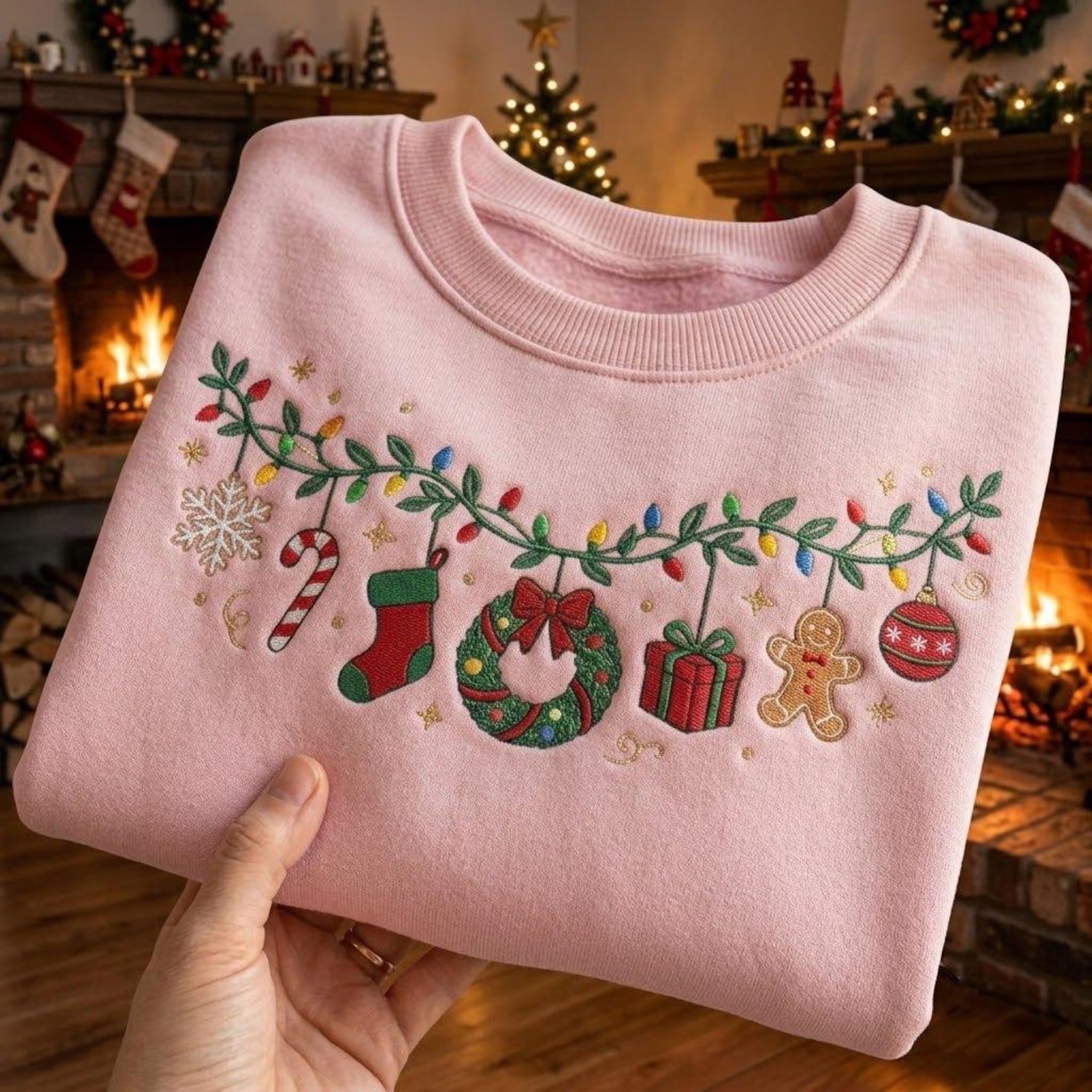Embroidered Christmas Sweatshirt, Festive Garland Lights Gingerbread Crewneck, Stocking Wreath Ornament Holiday Shirt, Christmas Gift 3