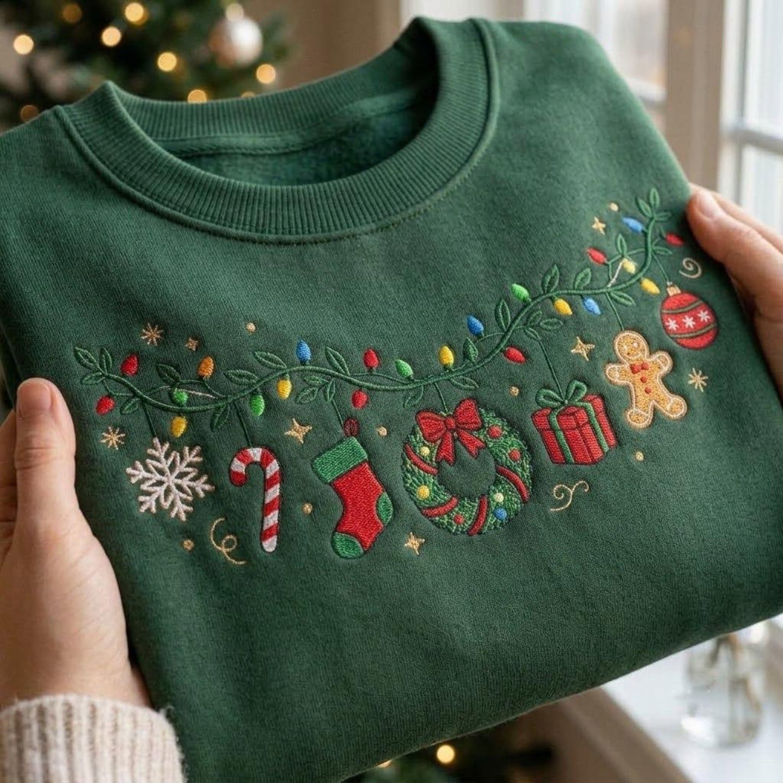 Embroidered Christmas Sweatshirt, Festive Garland Lights Gingerbread Crewneck, Stocking Wreath Ornament Holiday Shirt, Christmas Gift 1