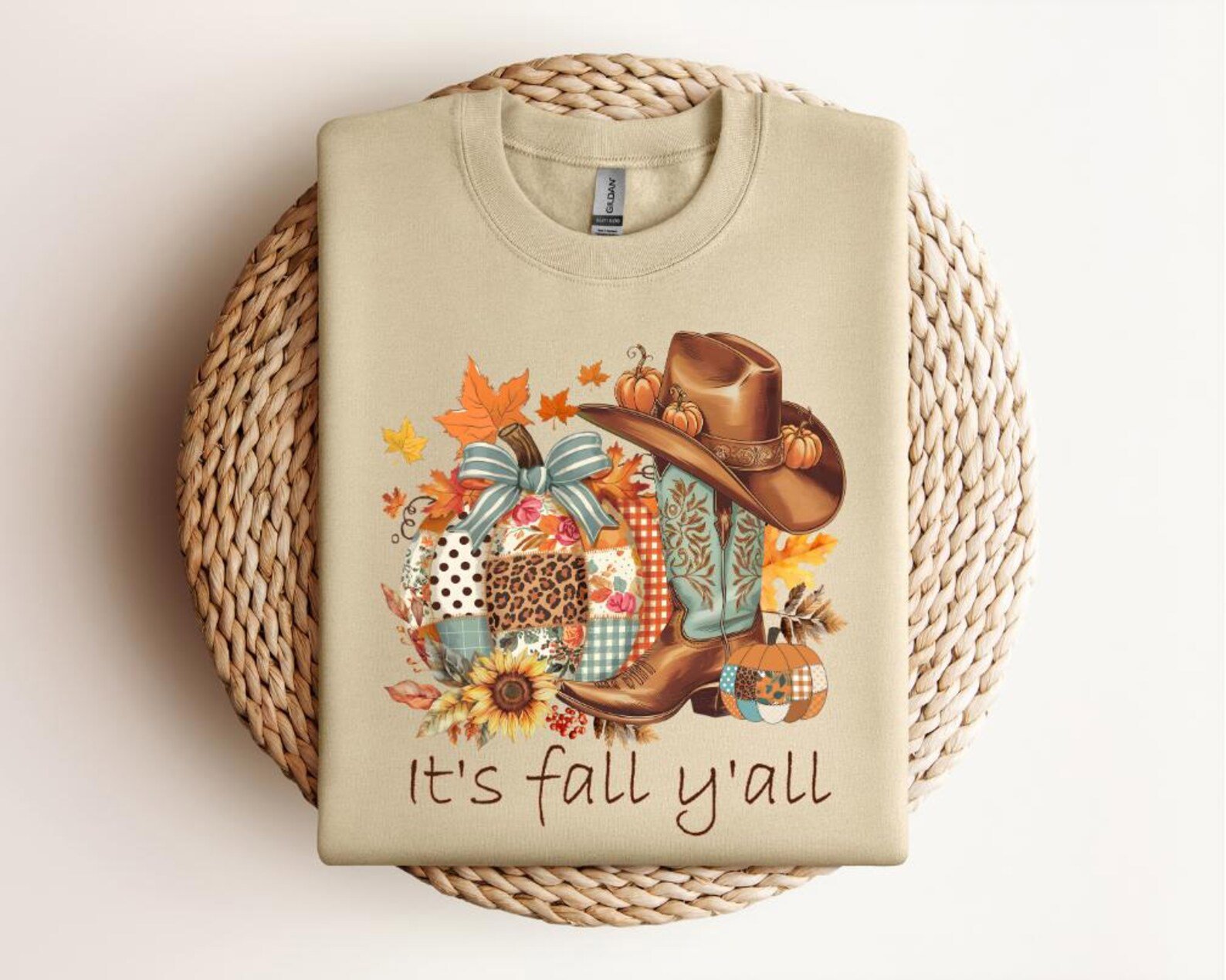 Western Fall Pumpkin Patchwork T-Shirt: Cowboy Boots & Hat 1
