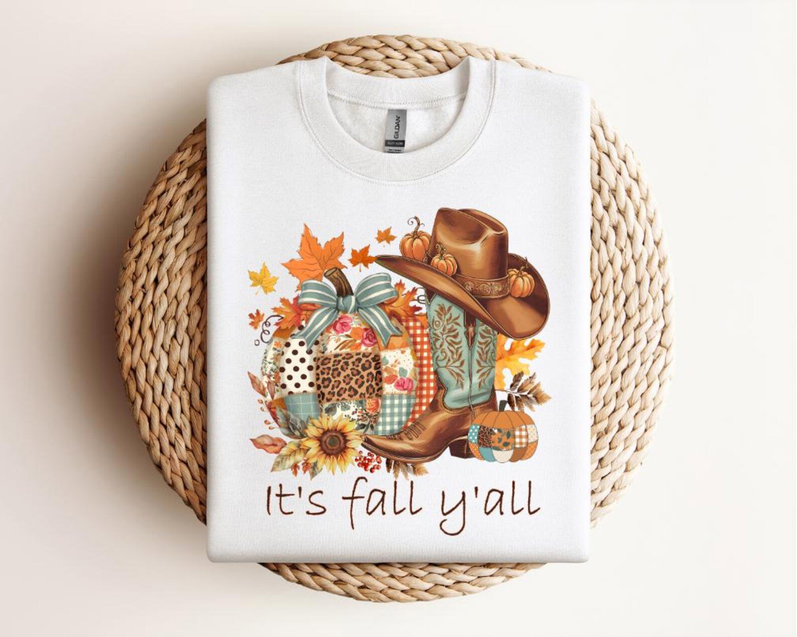 Western Fall Pumpkin Patchwork T-Shirt: Cowboy Boots & Hat 3