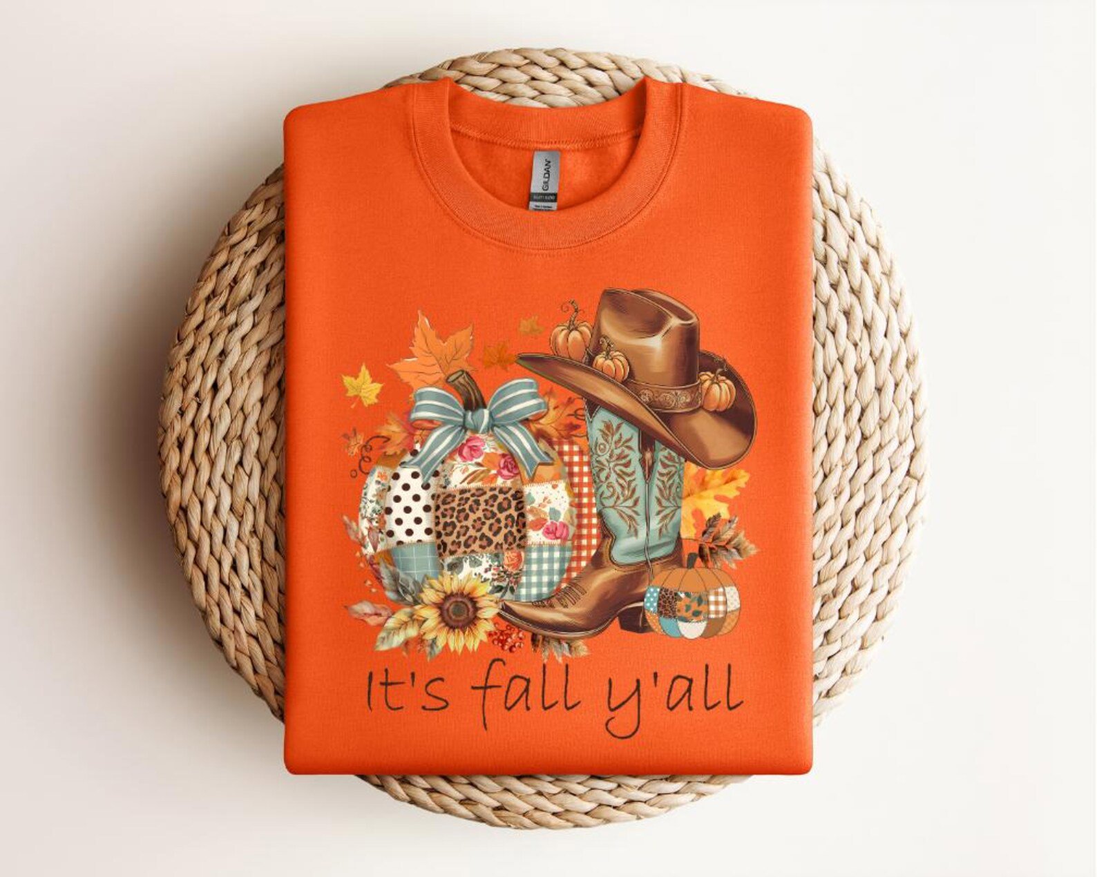 Western Fall Pumpkin Patchwork T-Shirt: Cowboy Boots & Hat 2