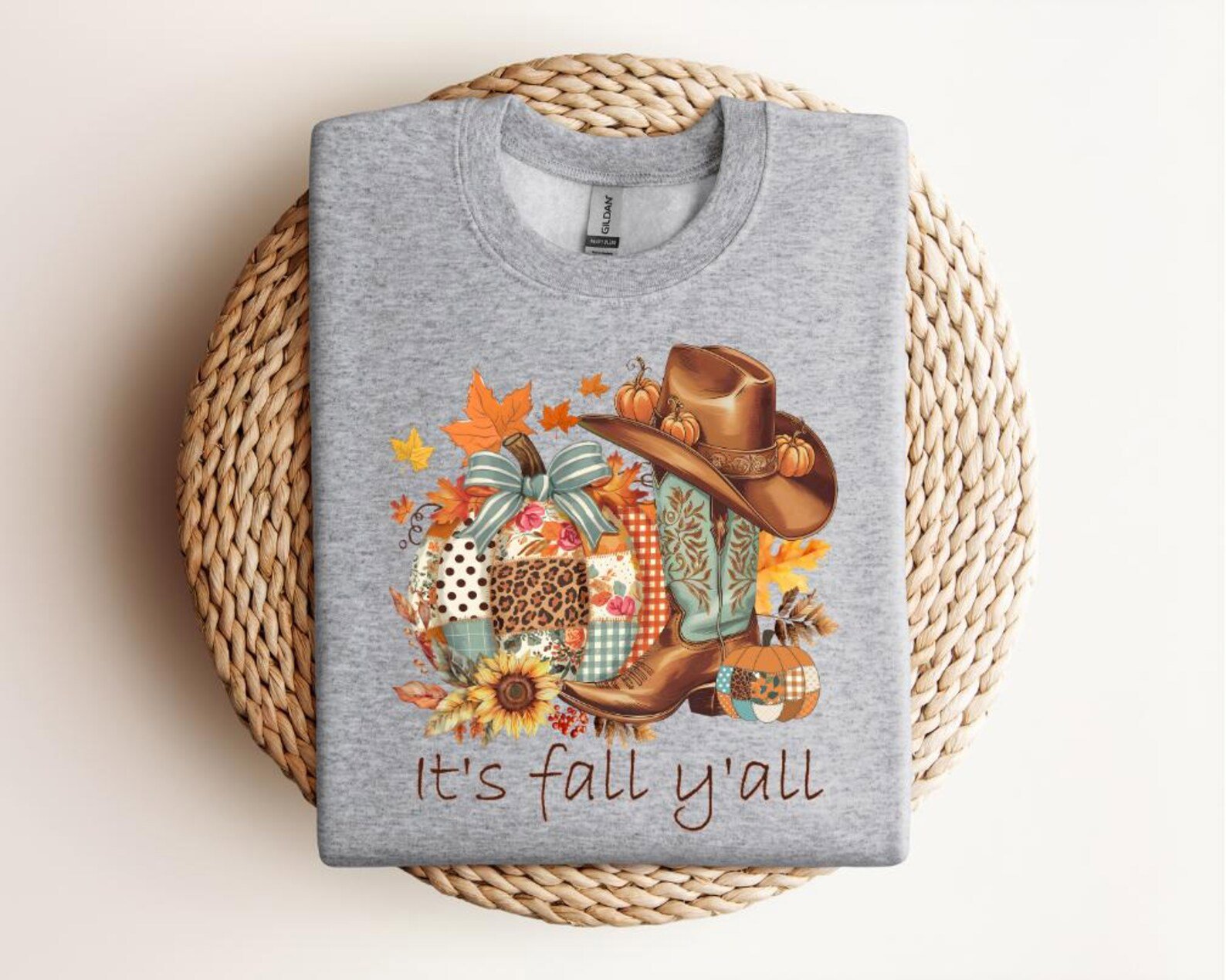 Western Fall Pumpkin Patchwork T-Shirt: Cowboy Boots & Hat 4